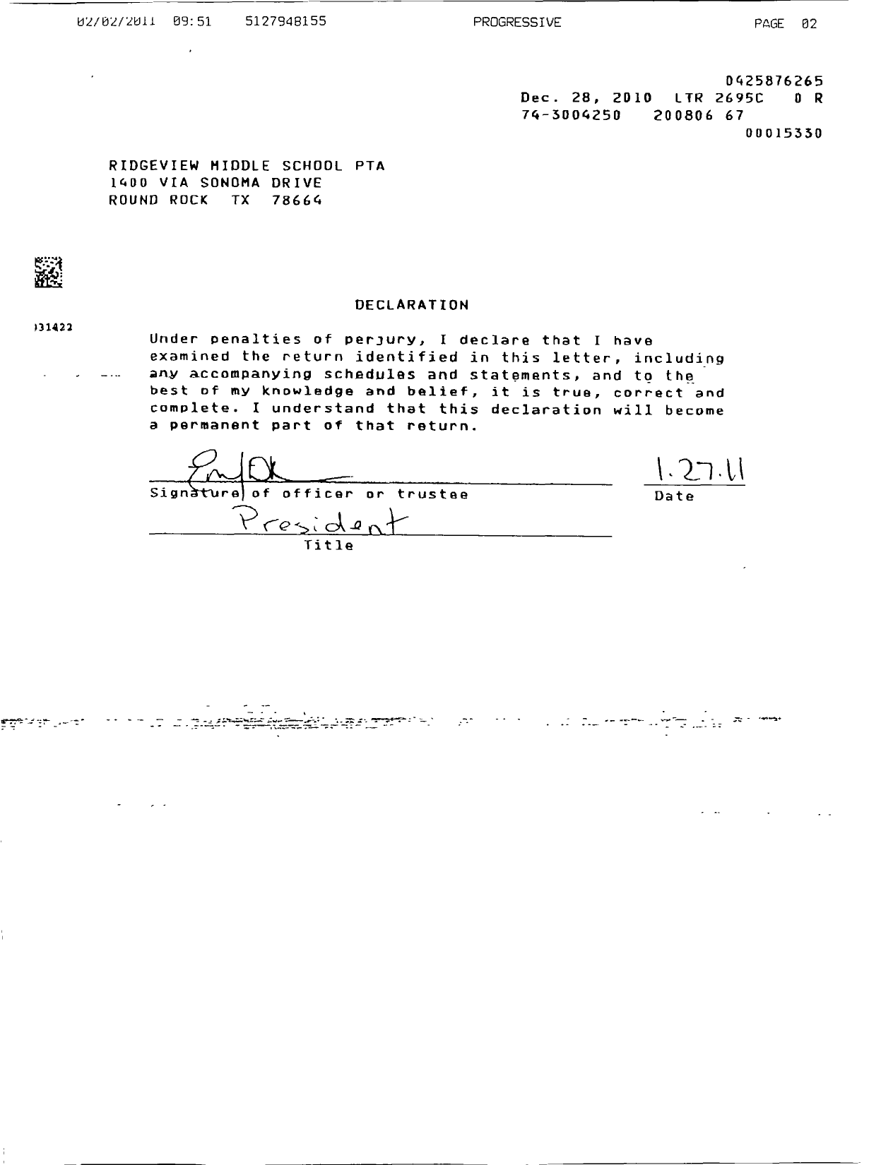 Image of first page of 2007 Form 990ER for Texas PTA - 10124 Ridgeview Middle School