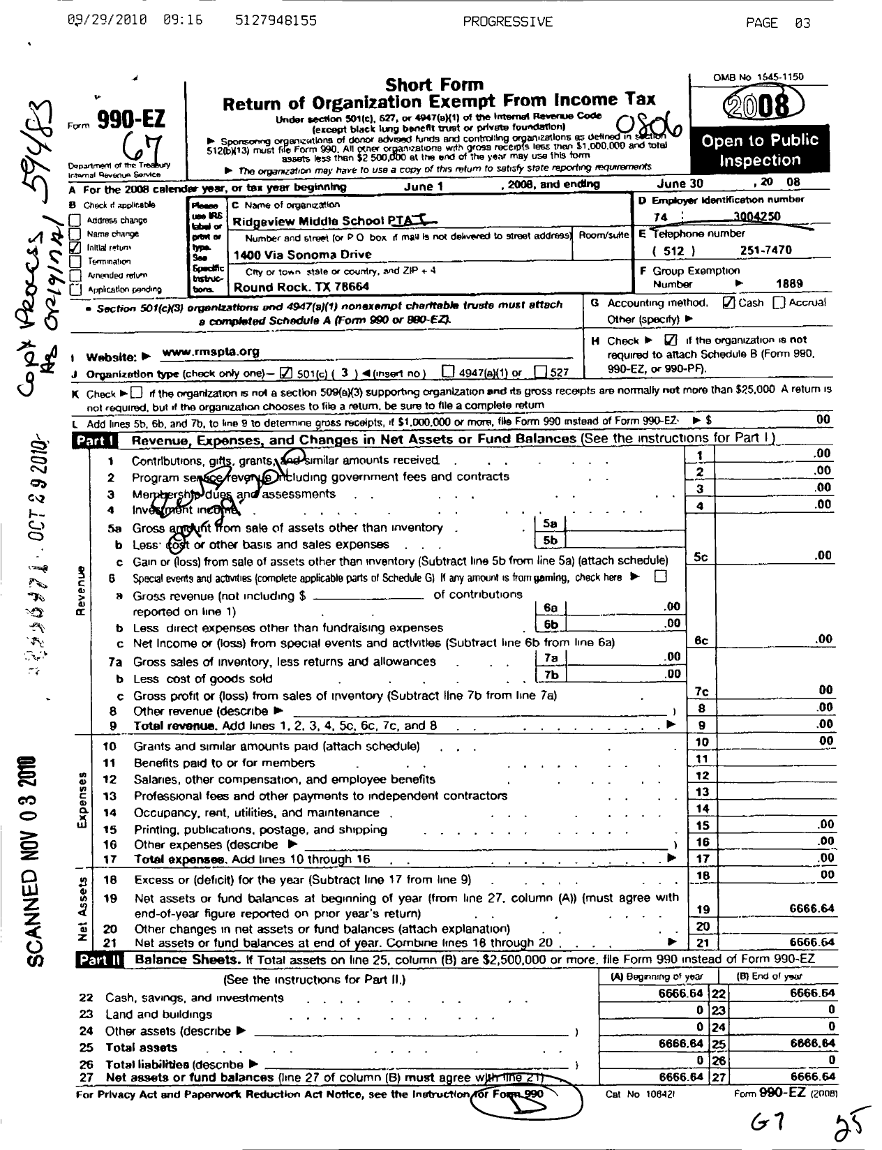 Image of first page of 2007 Form 990EZ for Texas PTA - 10124 Ridgeview Middle School