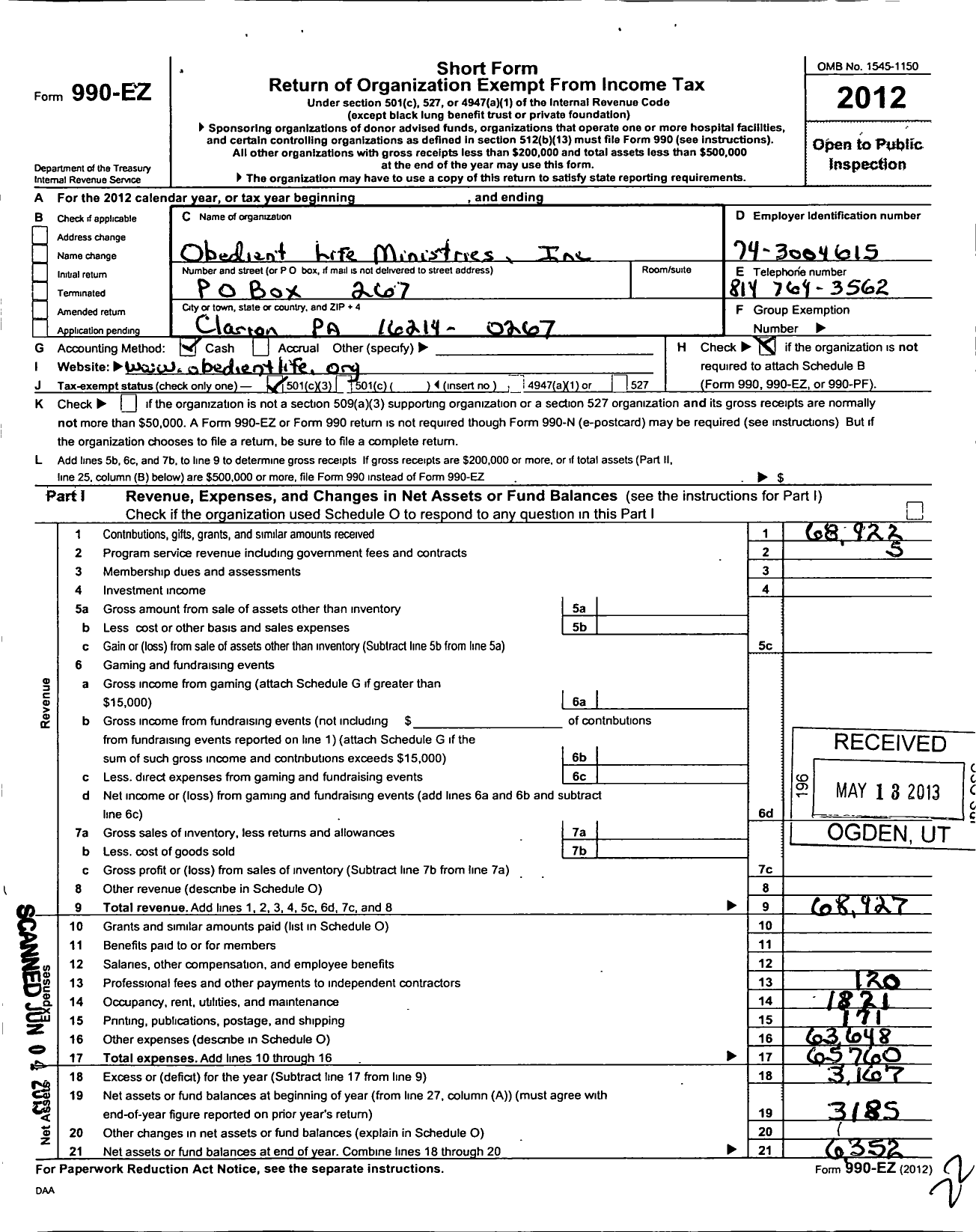 Image of first page of 2012 Form 990EZ for Obedient Life Ministries