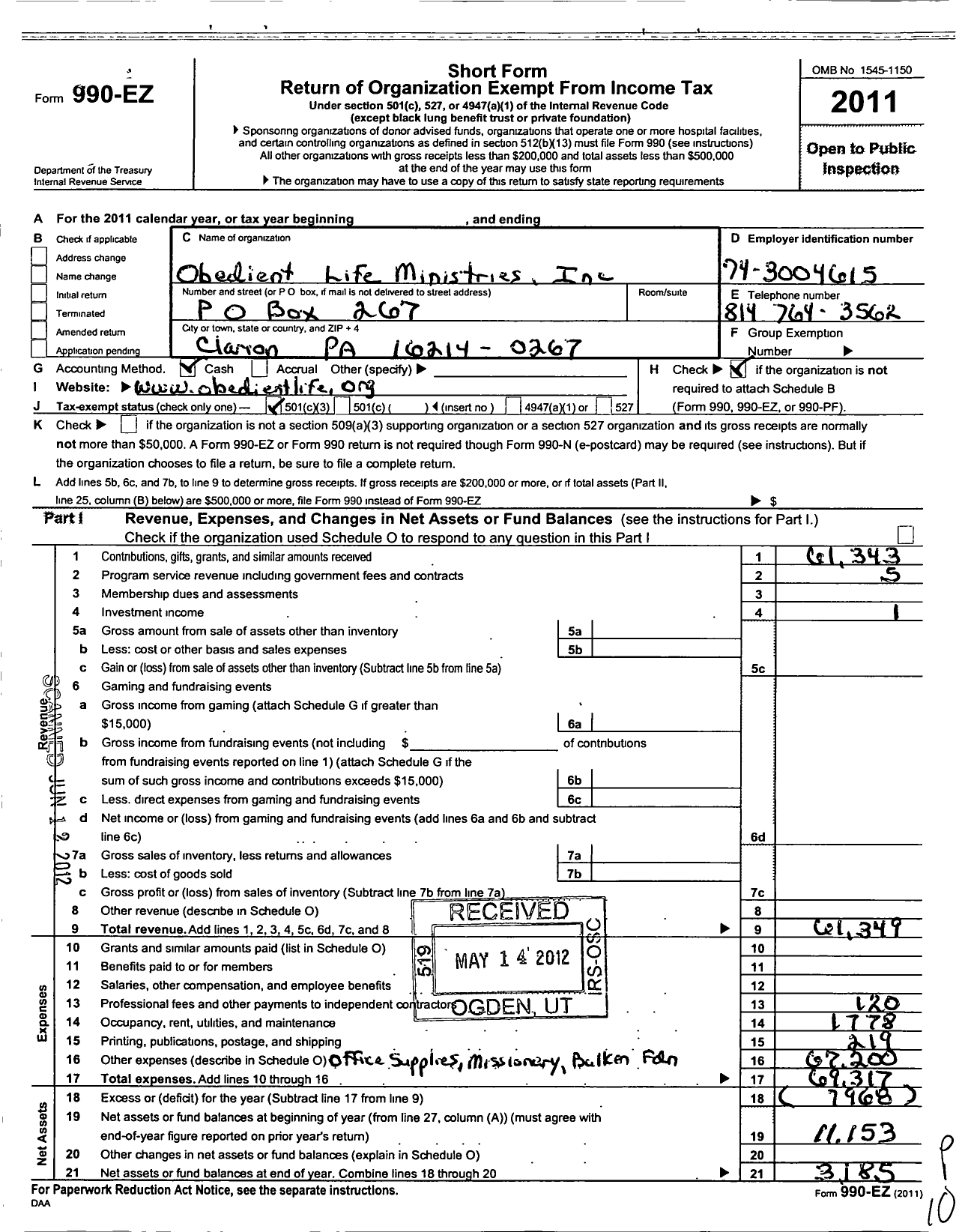 Image of first page of 2011 Form 990EZ for Obedient Life Ministries