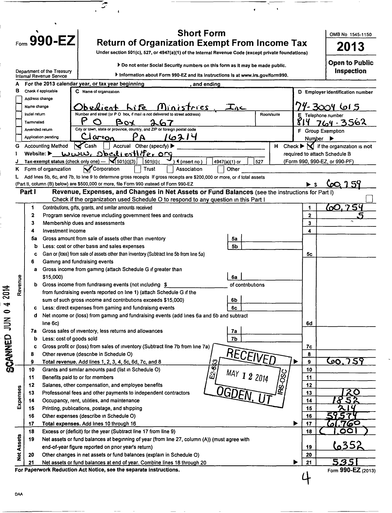 Image of first page of 2013 Form 990EZ for Obedient Life Ministries