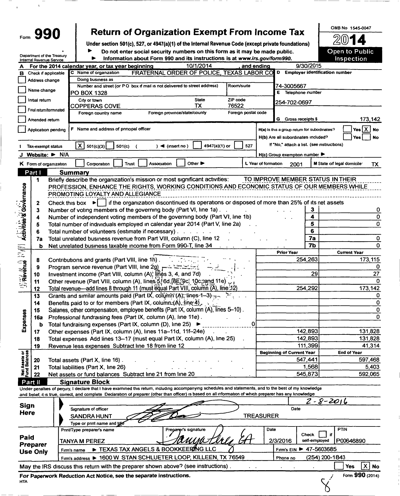 Image of first page of 2014 Form 990 for Fraternal Order of Police - Texas Labor Council