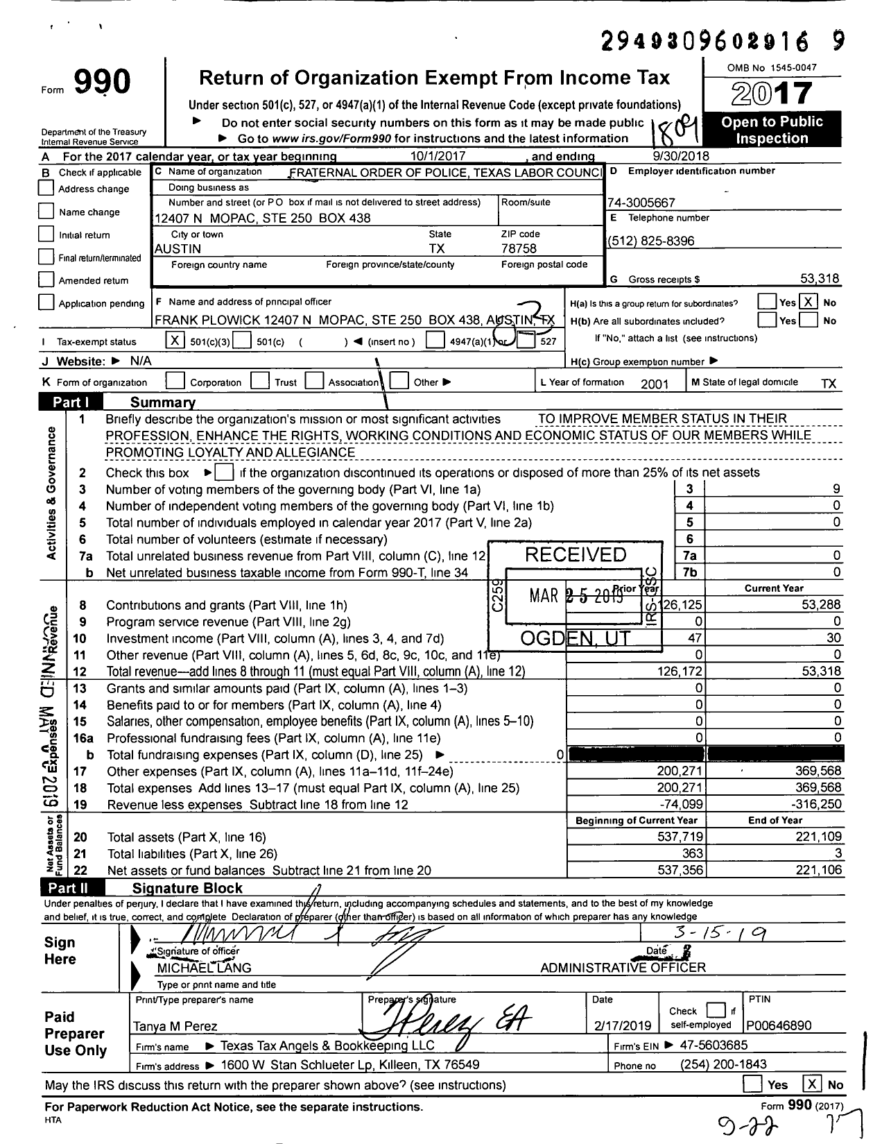 Image of first page of 2017 Form 990 for Fraternal Order of Police - Texas Labor Council