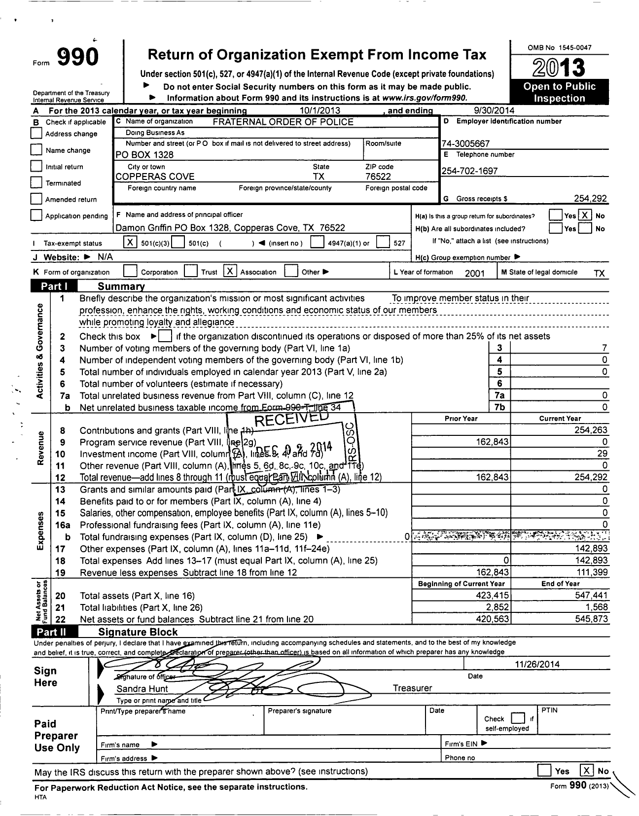 Image of first page of 2013 Form 990 for Fraternal Order of Police - Texas Labor Council