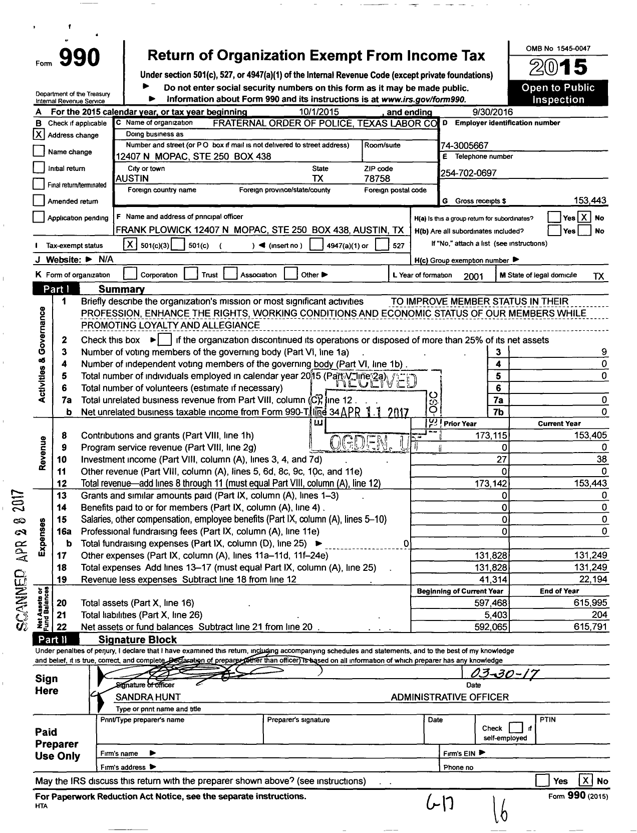 Image of first page of 2015 Form 990 for Fraternal Order of Police - Texas Labor Council