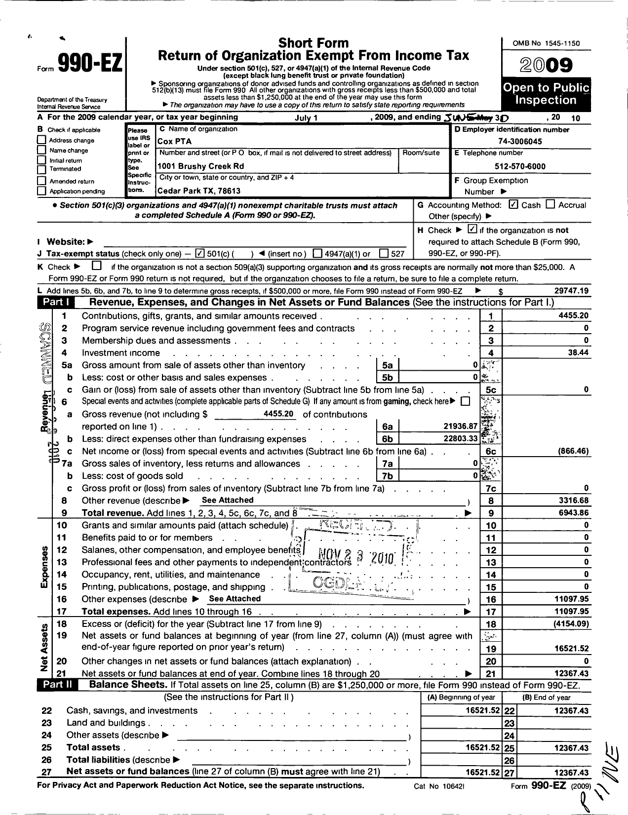 Image of first page of 2009 Form 990EO for Texas PTA - 10104 Charlotte A Cox PTA