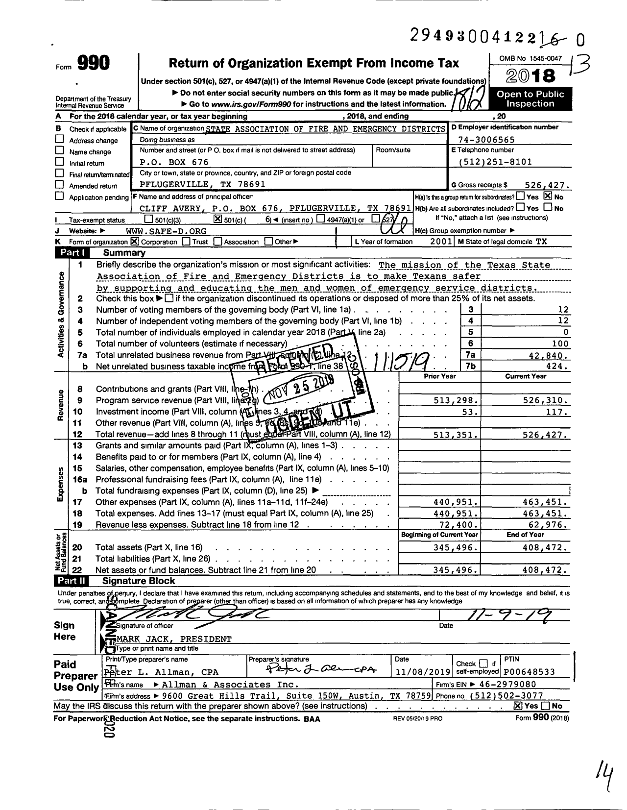 Image of first page of 2018 Form 990O for State Association of Fire and Emergency Districts