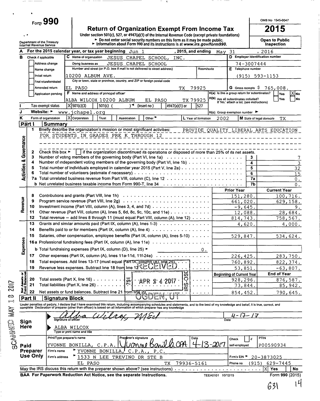 Image of first page of 2015 Form 990 for Jesus Chapel School