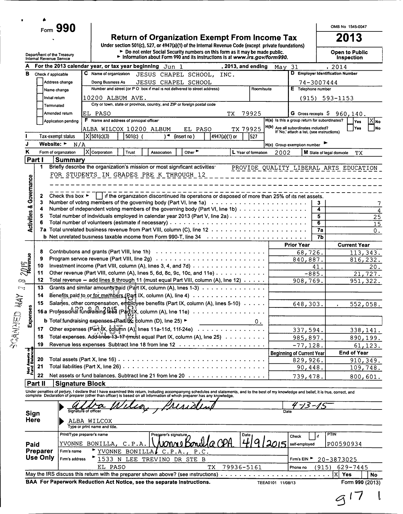 Image of first page of 2013 Form 990 for Jesus Chapel School