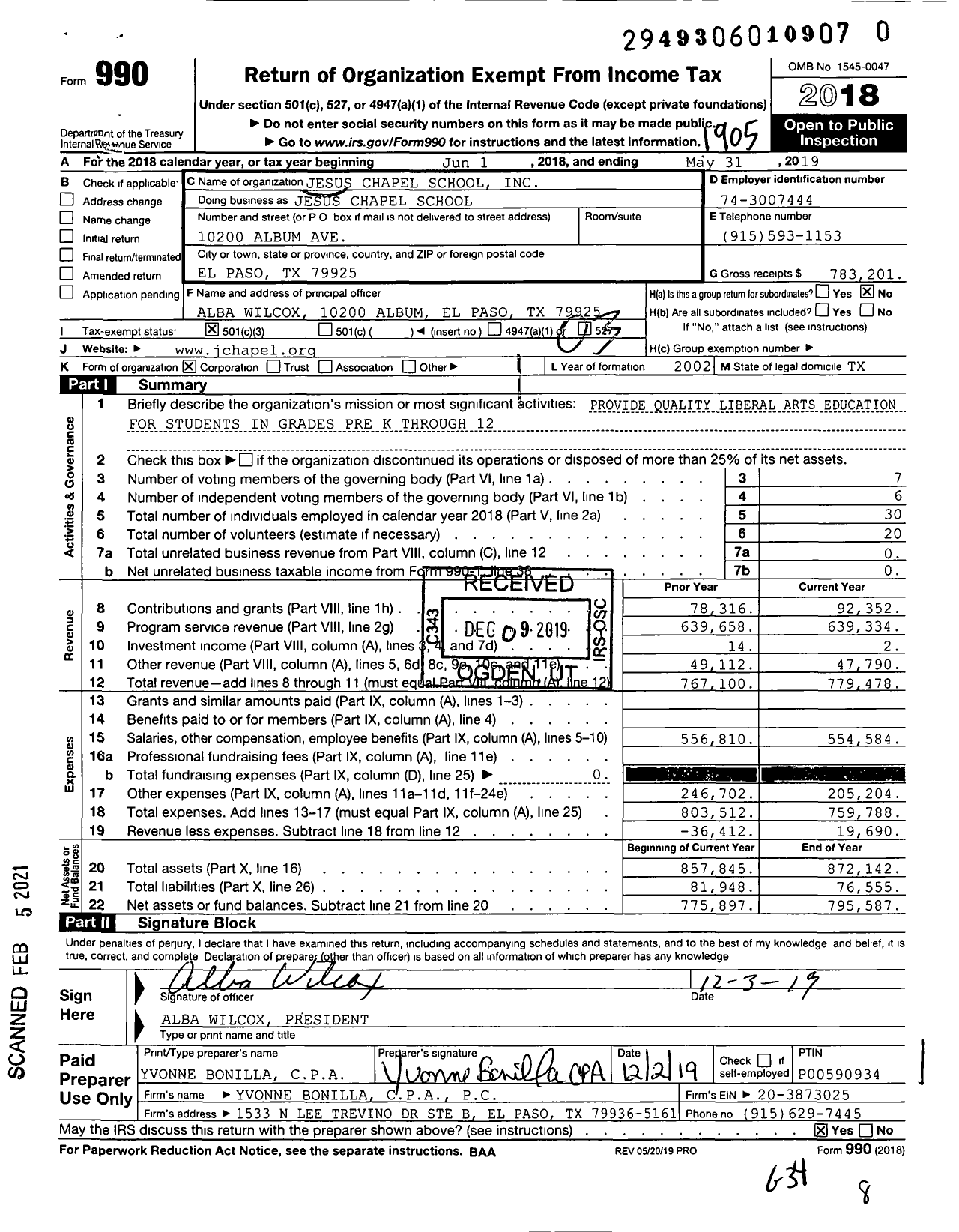 Image of first page of 2018 Form 990 for Jesus Chapel School