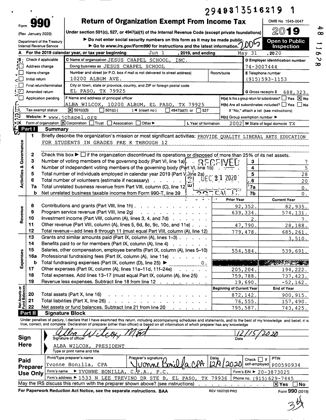Image of first page of 2019 Form 990 for Jesus Chapel School