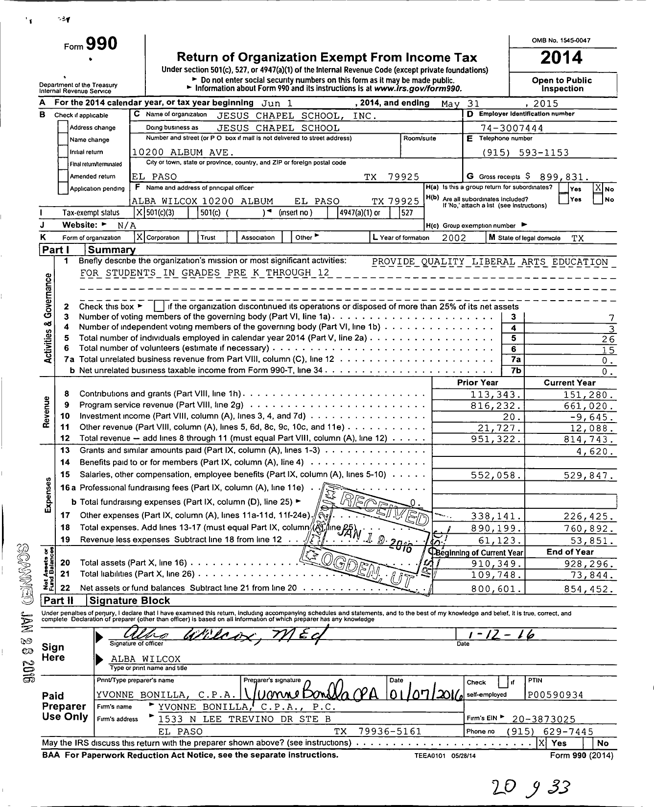 Image of first page of 2014 Form 990 for Jesus Chapel School