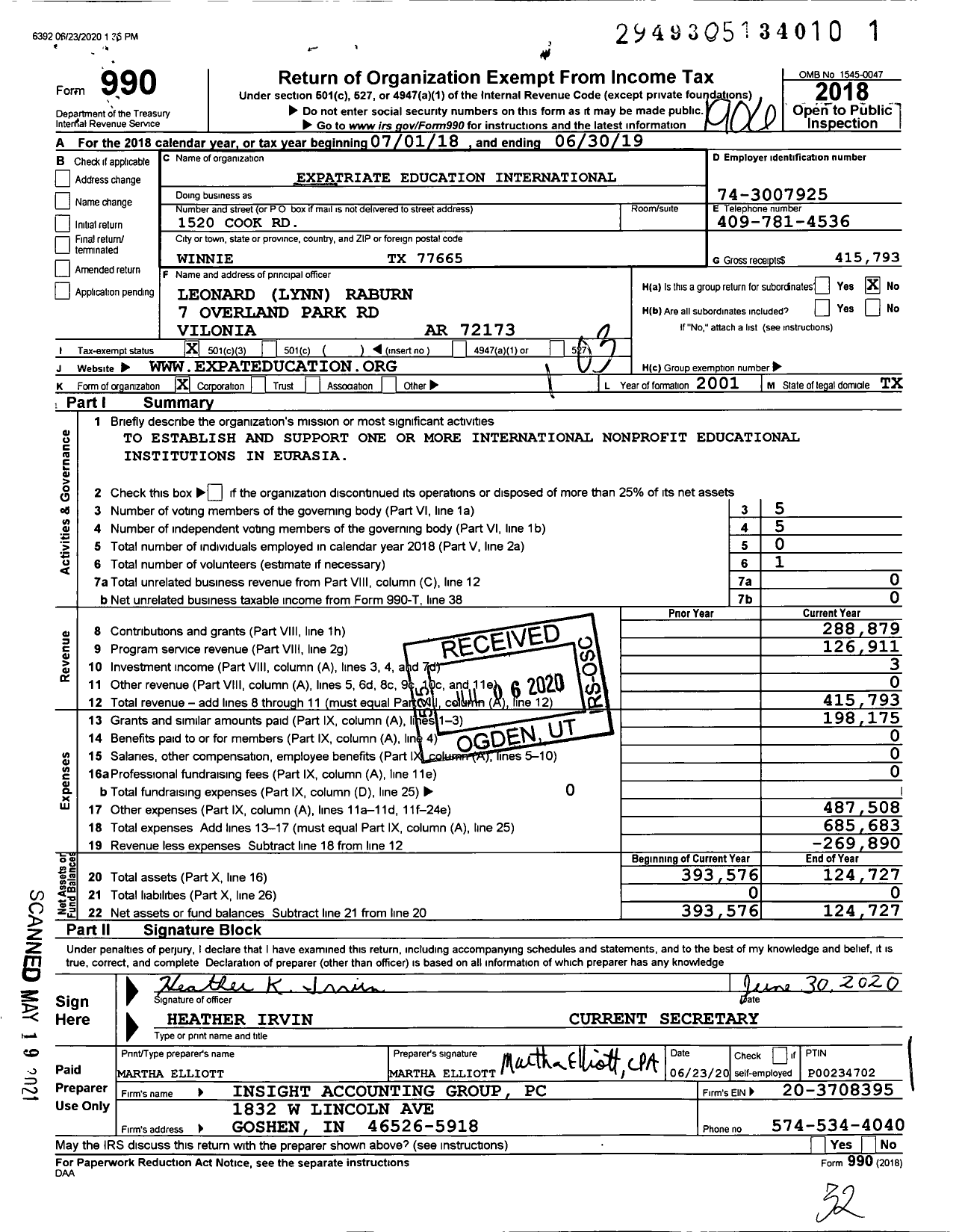 Image of first page of 2018 Form 990 for Expatriate Education International