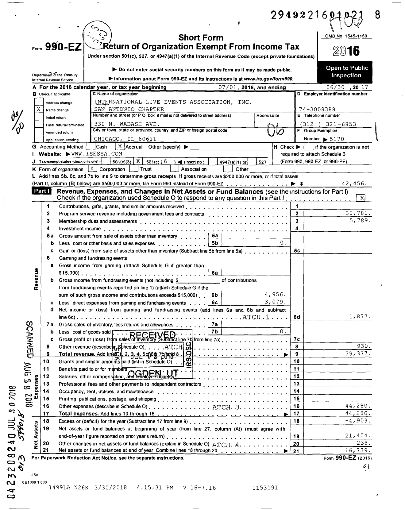 Image of first page of 2016 Form 990EO for International Live Events Association San Antonio Chapter