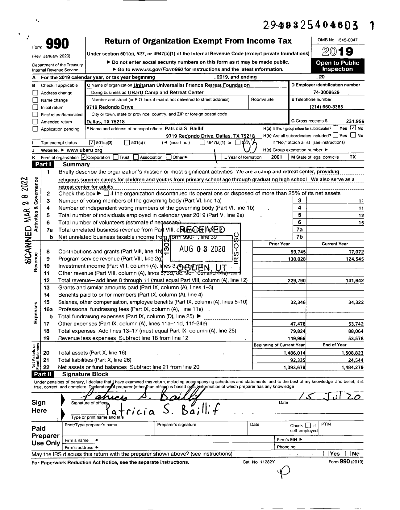 Image of first page of 2019 Form 990 for UBarU Camp and Retreat Center