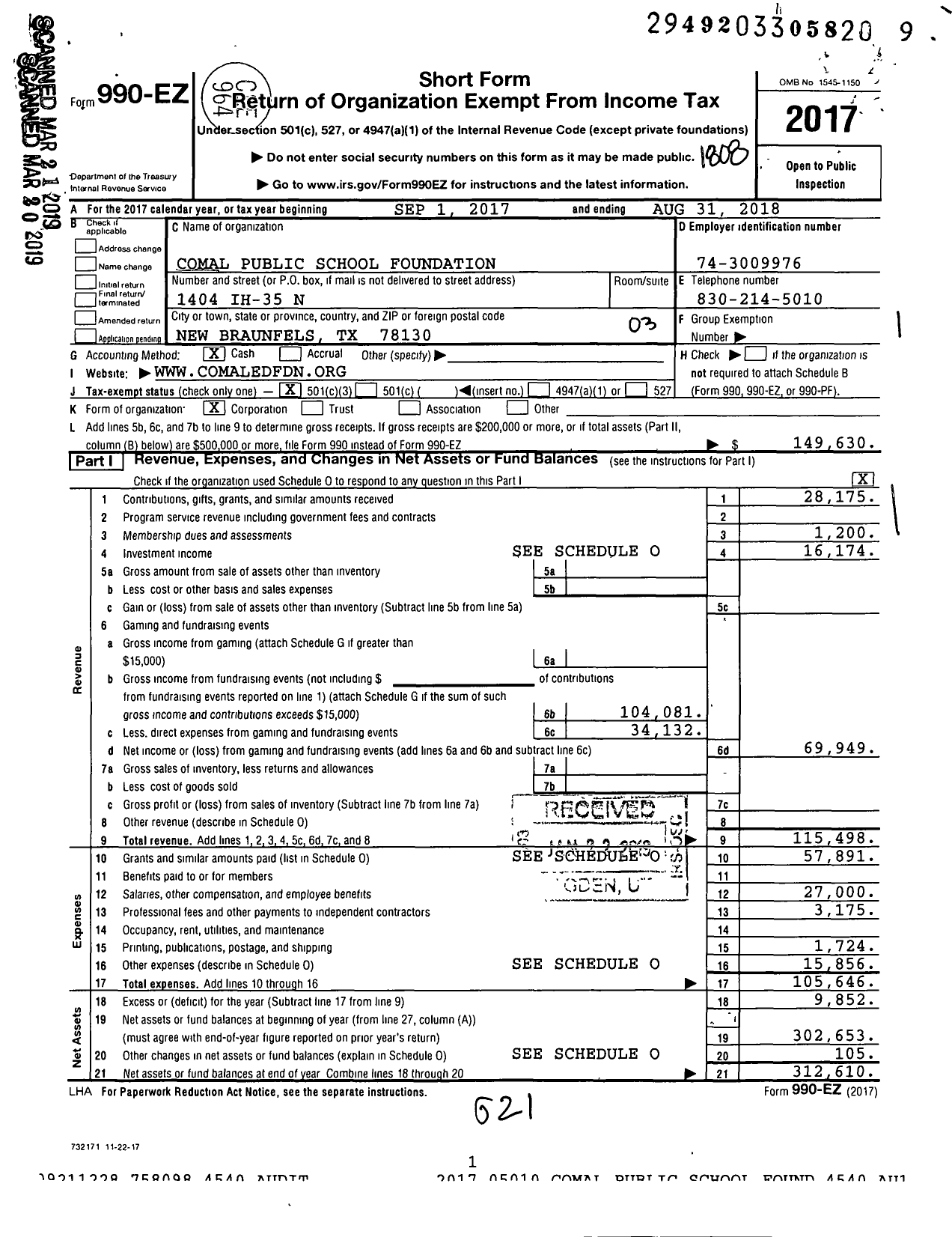 Image of first page of 2017 Form 990EZ for Comal Education Foundation