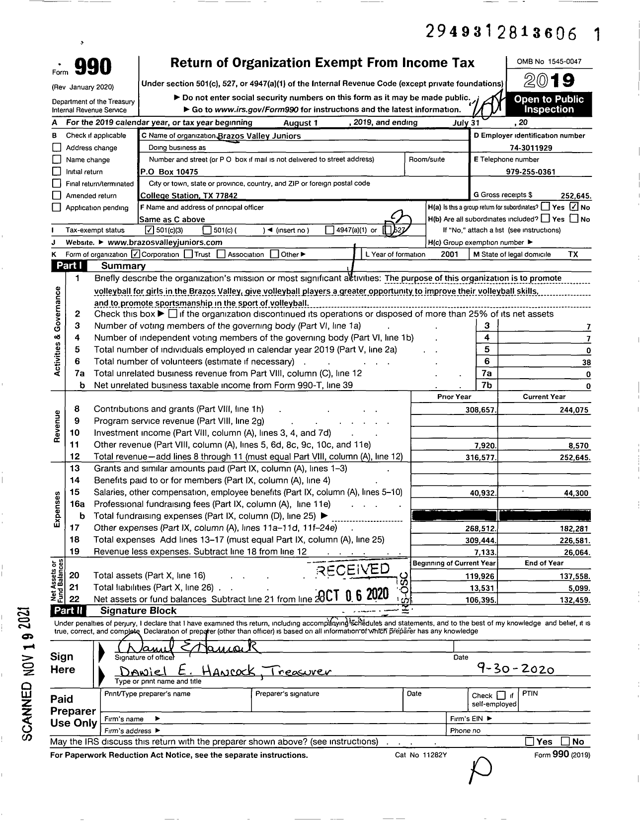 Image of first page of 2019 Form 990 for Brazos Valley Juniors