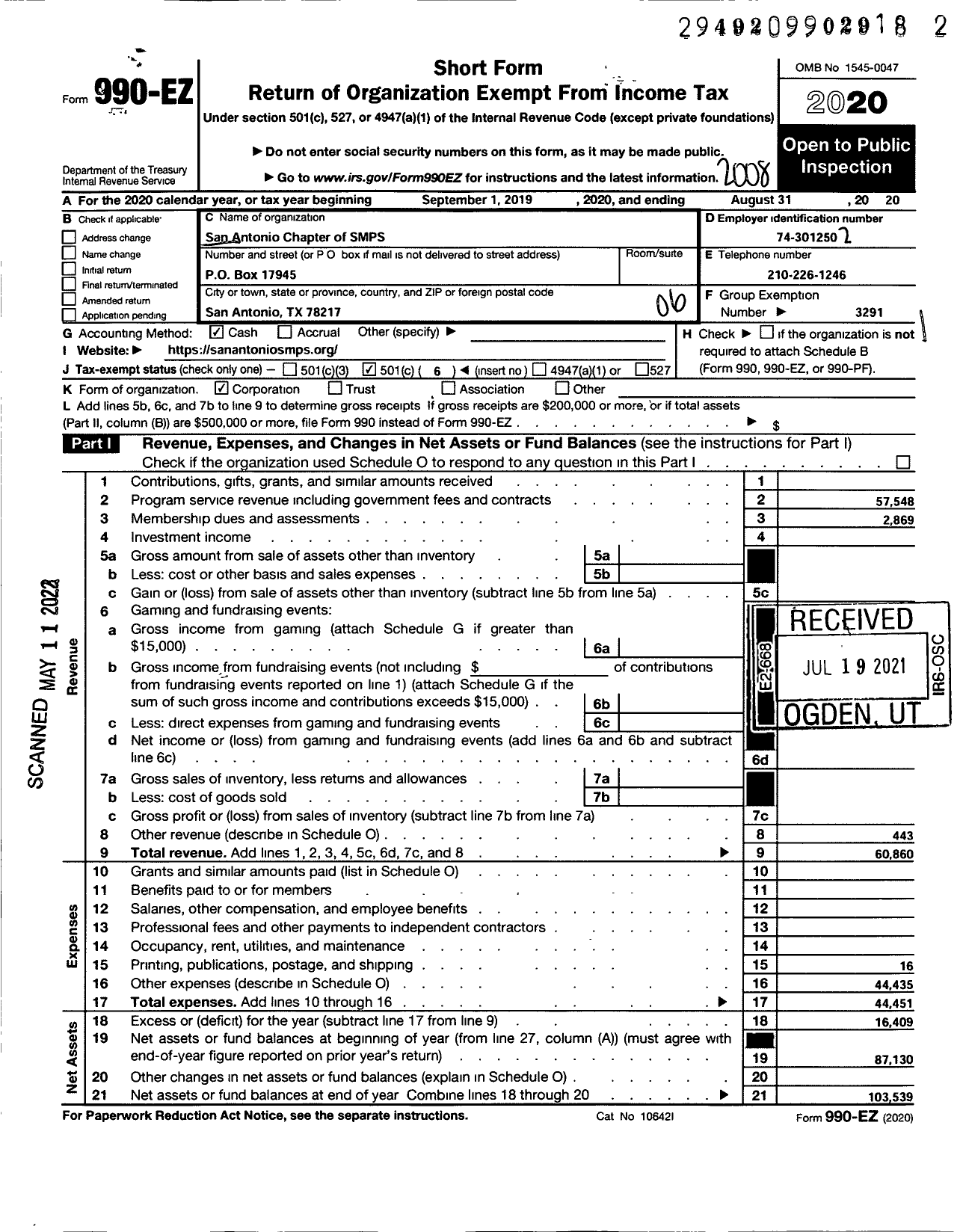 Image of first page of 2019 Form 990EO for Society for Marketing Professional Services / San Antonio Chapter of SMPS