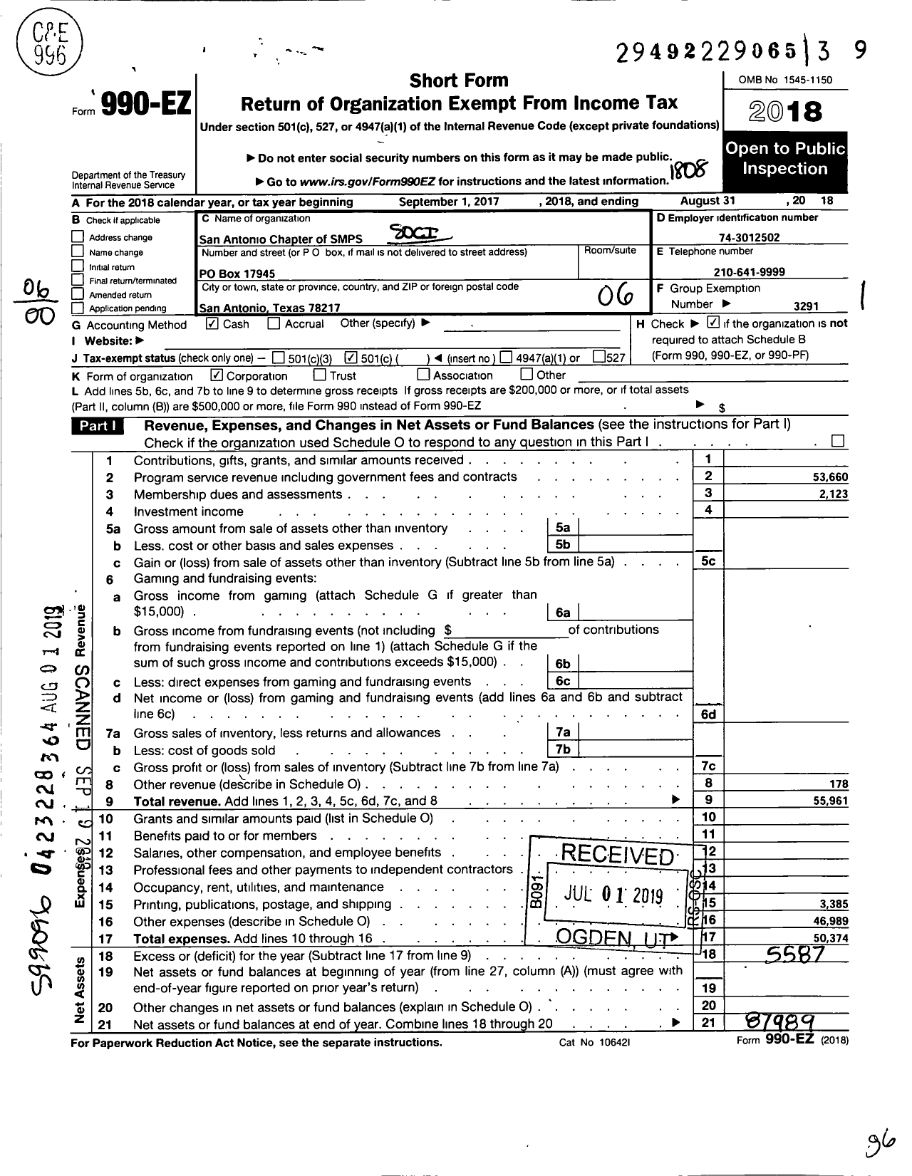 Image of first page of 2017 Form 990EO for Society for Marketing Professional Services / San Antonio Chapter of SMPS