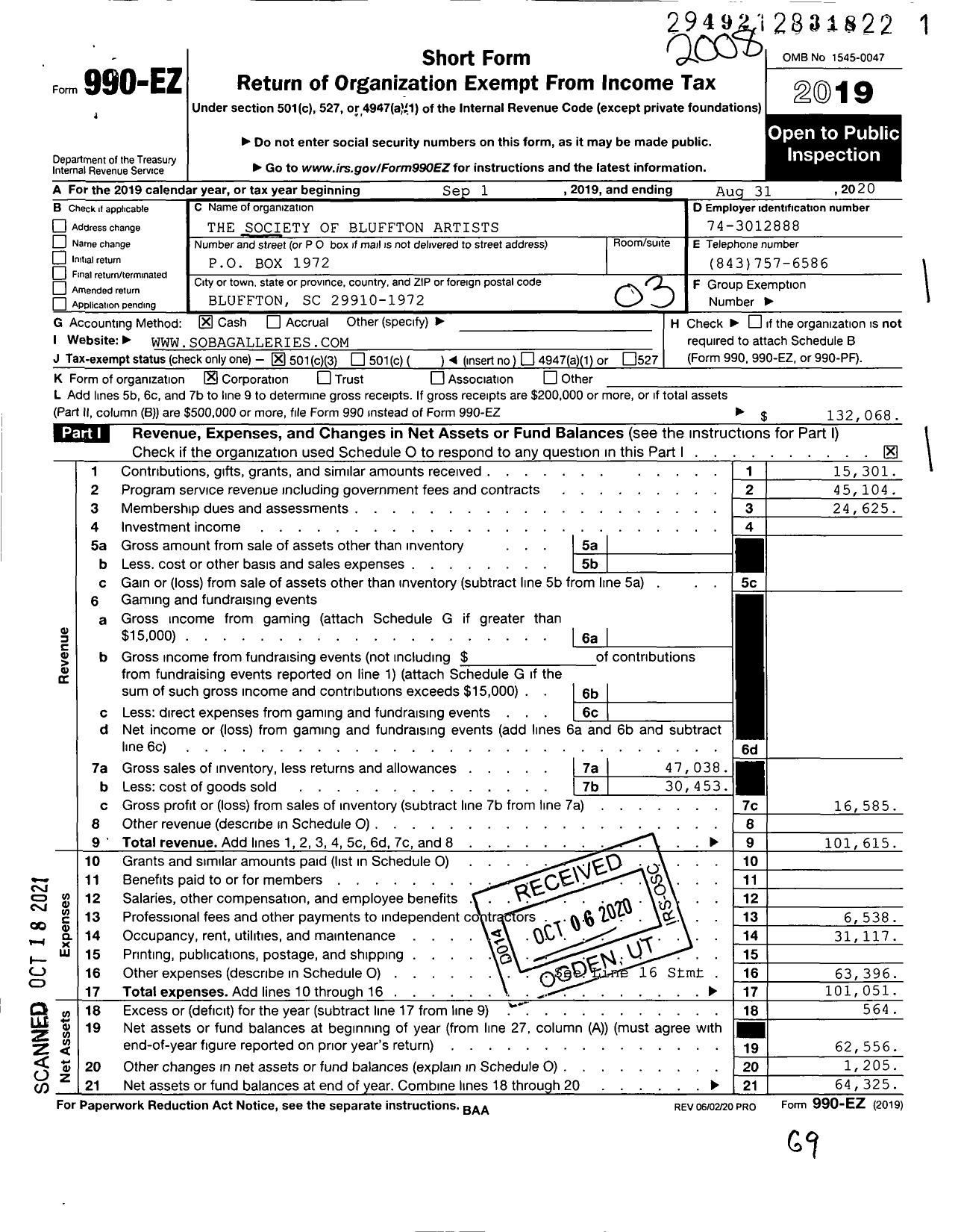 Image of first page of 2019 Form 990EZ for The Society of Bluffton Artists