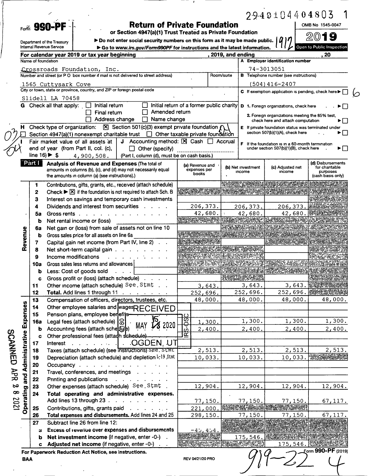 Image of first page of 2019 Form 990PF for Crossroads Foundation