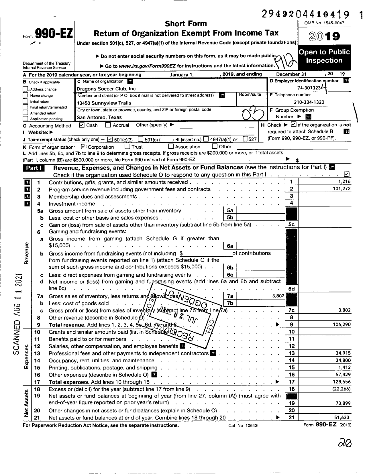 Image of first page of 2019 Form 990EZ for Dragons Soccer Club