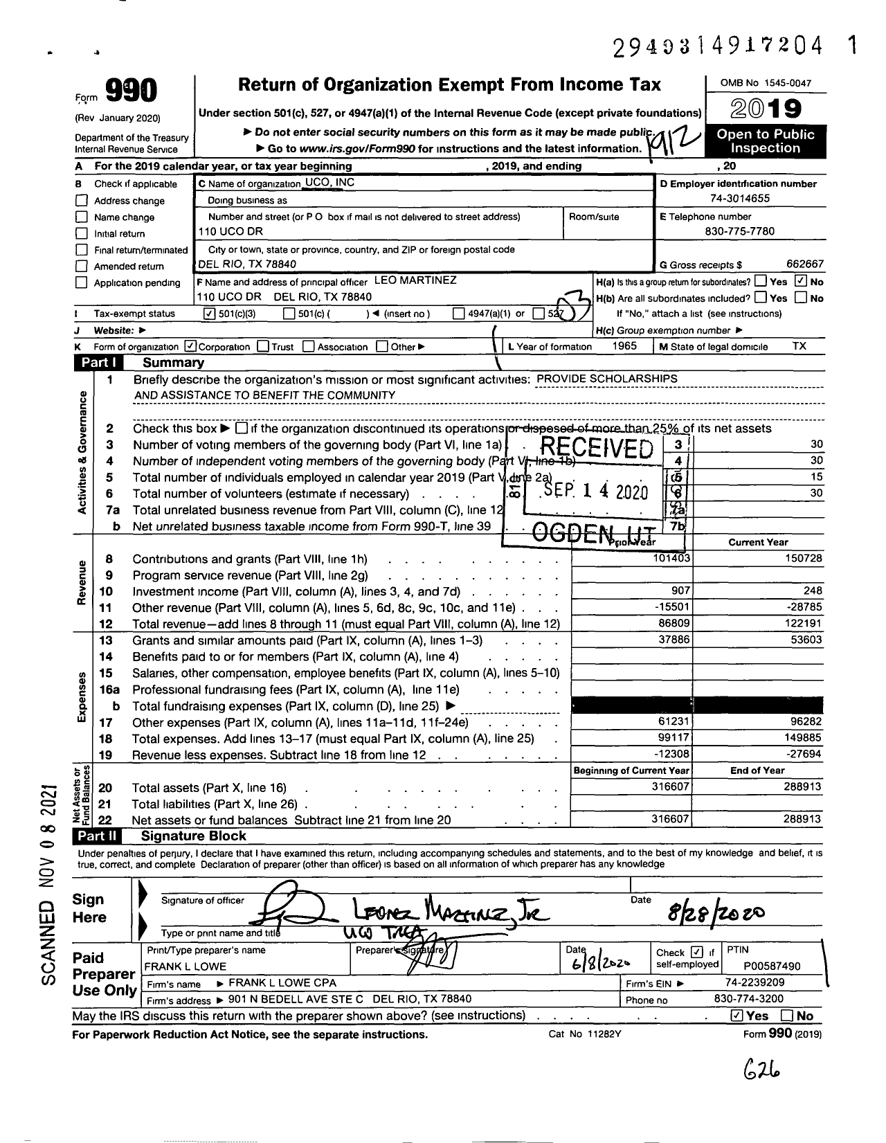 Image of first page of 2019 Form 990 for Uco