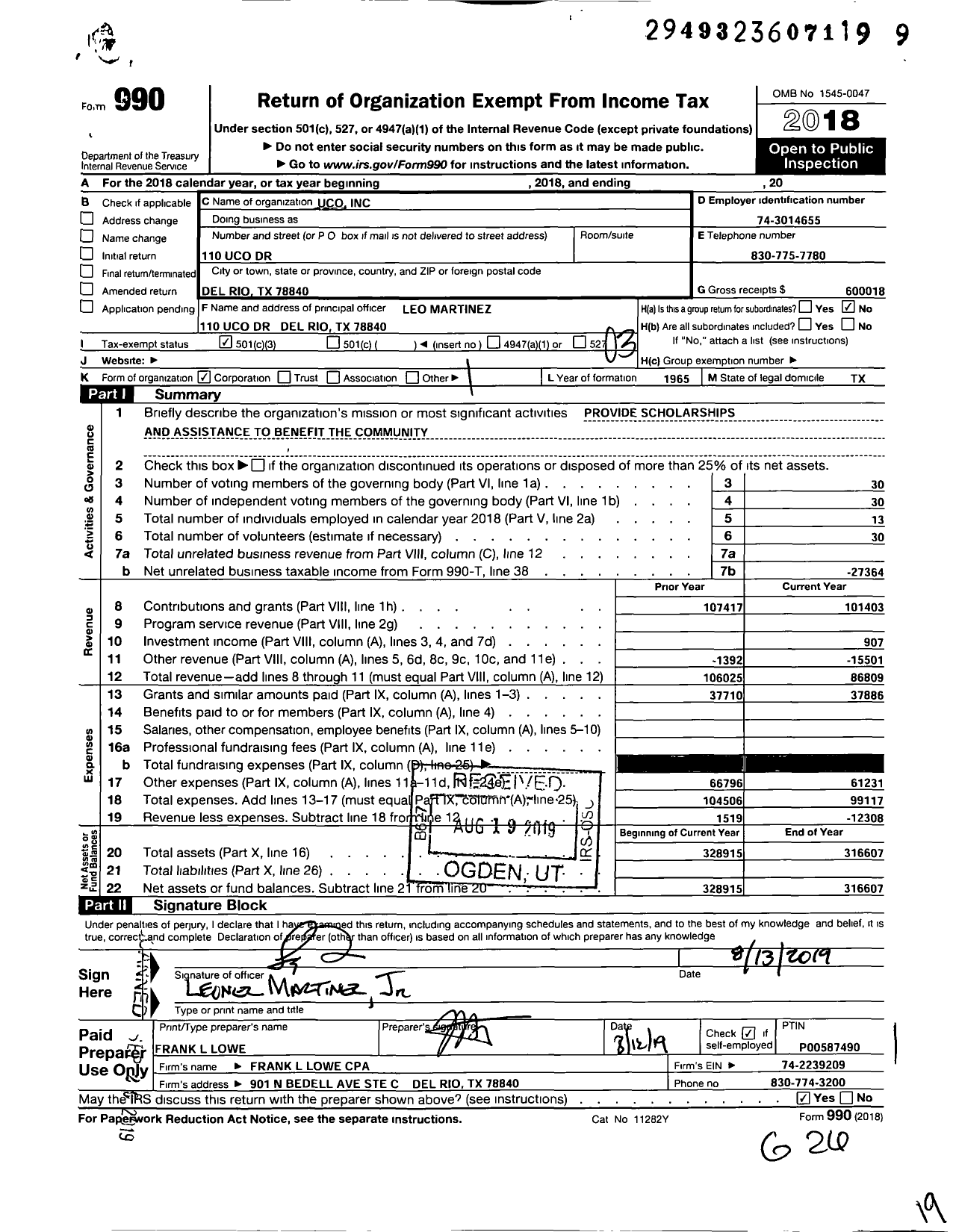 Image of first page of 2018 Form 990 for Uco