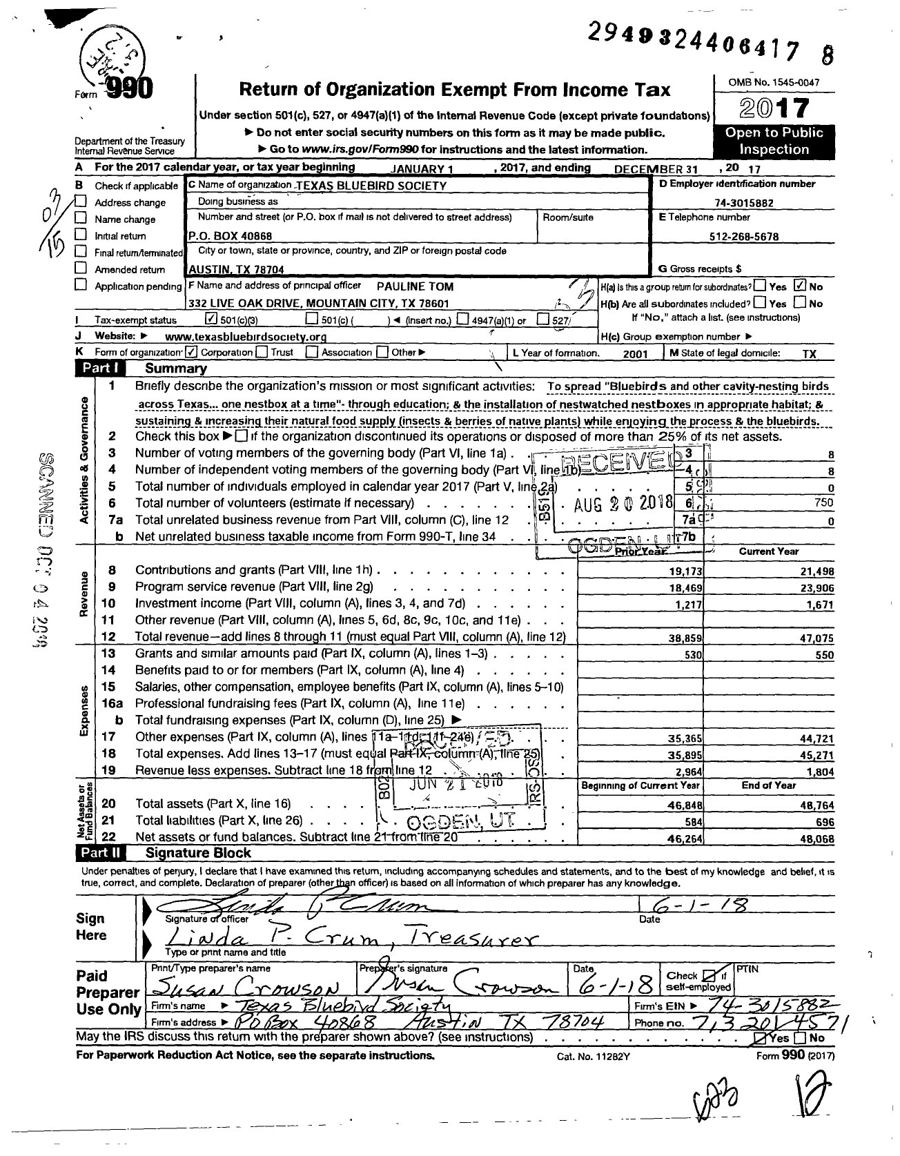 Image of first page of 2017 Form 990 for Texas Bluebird Society