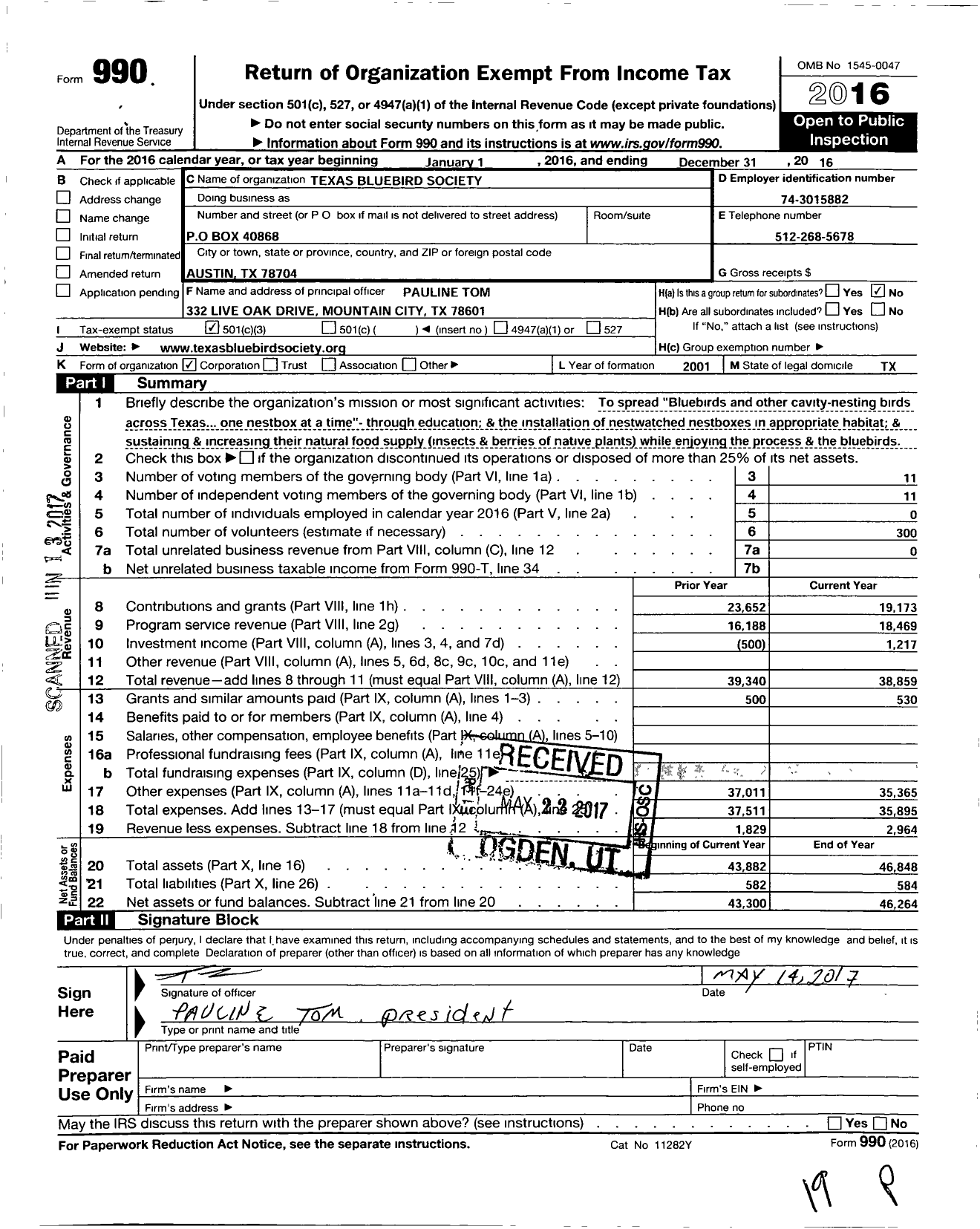 Image of first page of 2016 Form 990 for Texas Bluebird Society