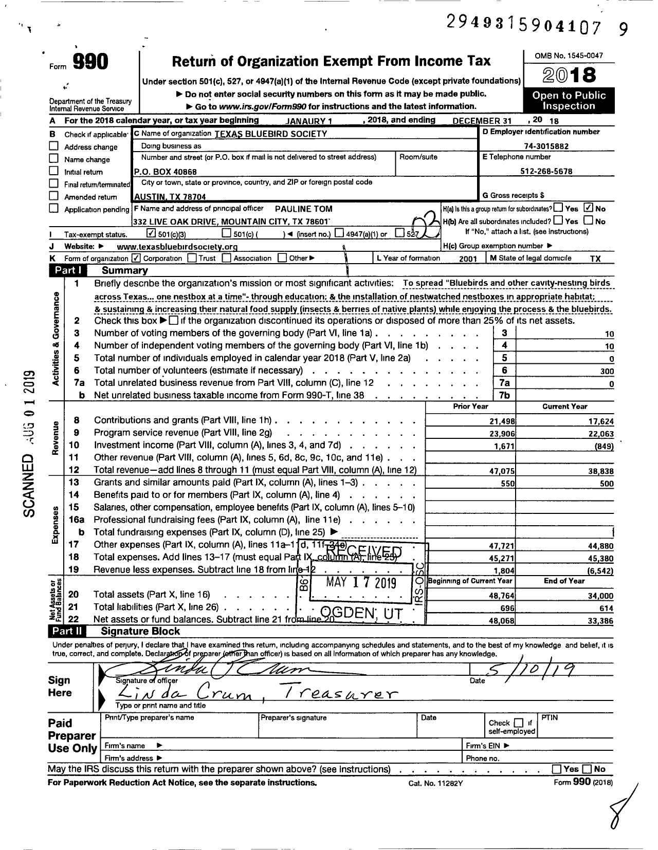 Image of first page of 2018 Form 990 for Texas Bluebird Society