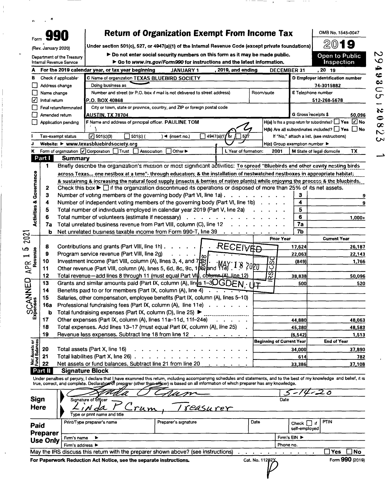 Image of first page of 2019 Form 990 for Texas Bluebird Society