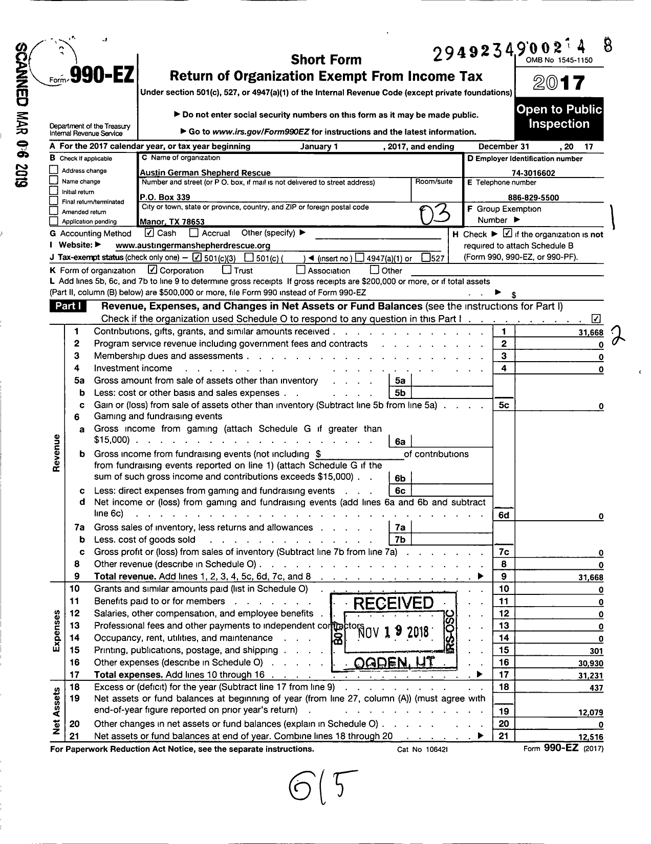 Image of first page of 2017 Form 990EZ for Austin German Shepherd Rescue