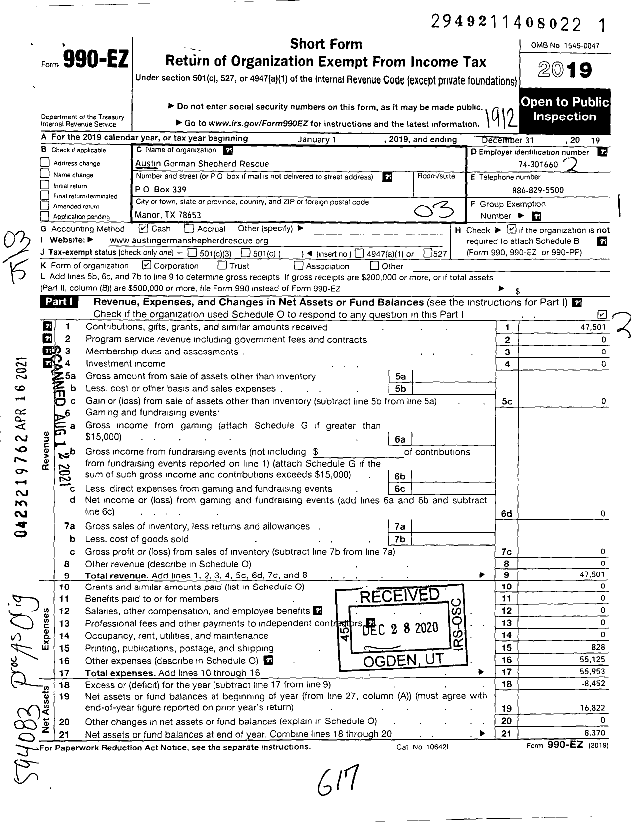 Image of first page of 2019 Form 990EZ for Austin German Shepherd Rescue