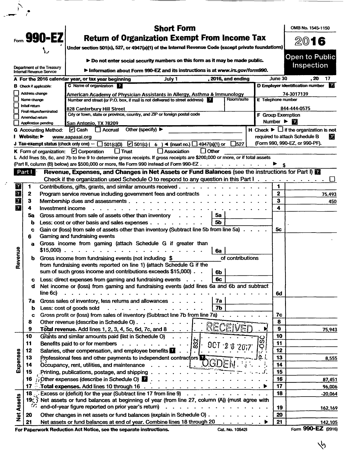 Image of first page of 2016 Form 990EO for American ACADEMY of Physician Assistants in Allergy Asthma & Immunology