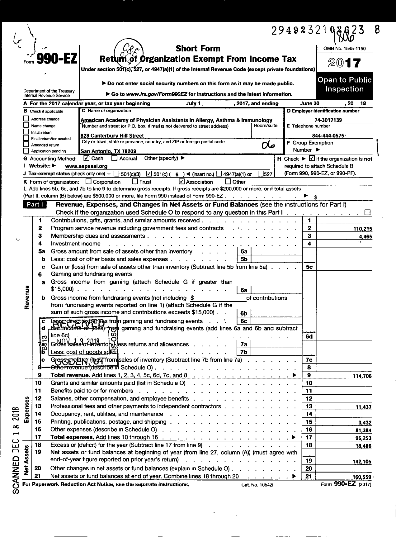 Image of first page of 2017 Form 990EO for American ACADEMY of Physician Assistants in Allergy Asthma & Immunology