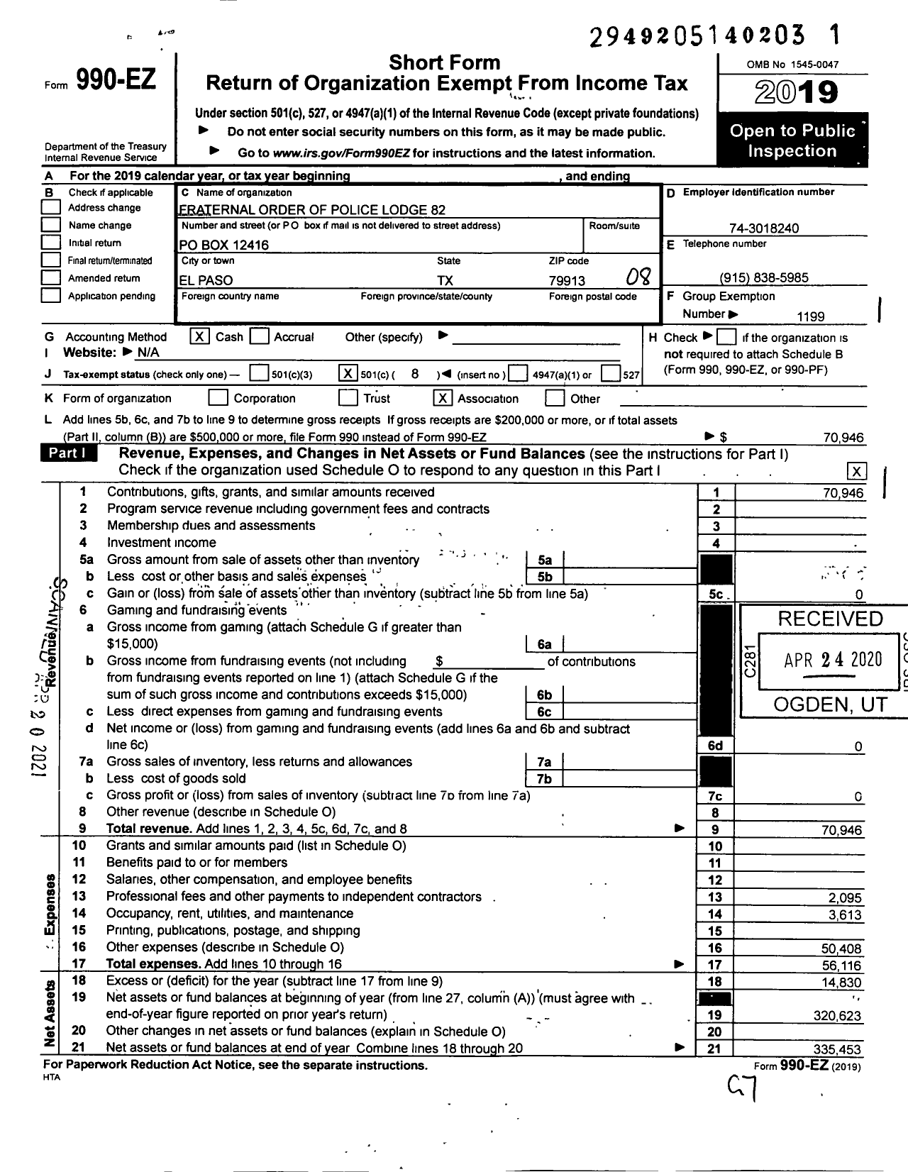 Image of first page of 2019 Form 990EO for Fraternal Order of Police - 082 El Paso Fed Off Regional