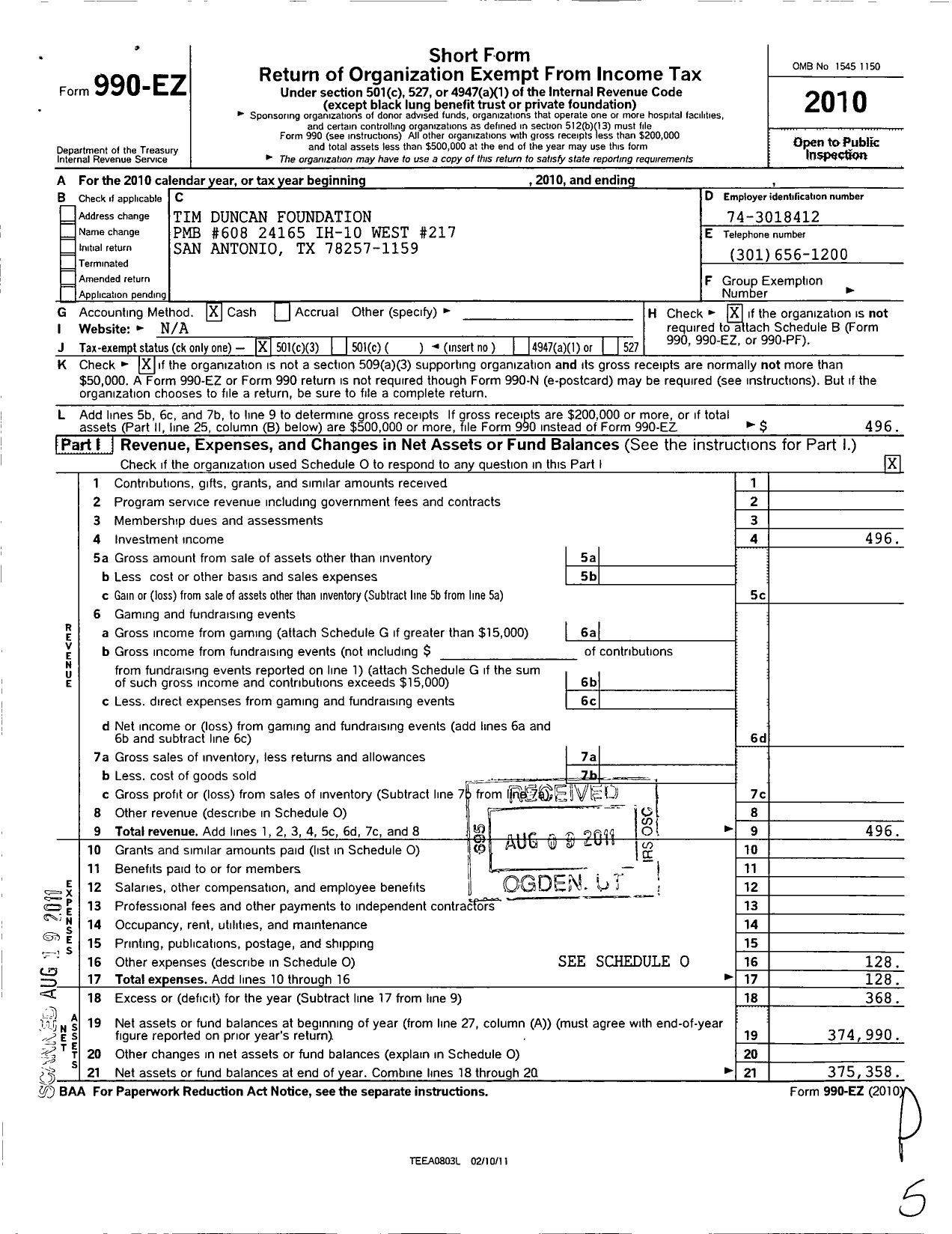 Image of first page of 2010 Form 990EZ for Tim Duncan Foundation