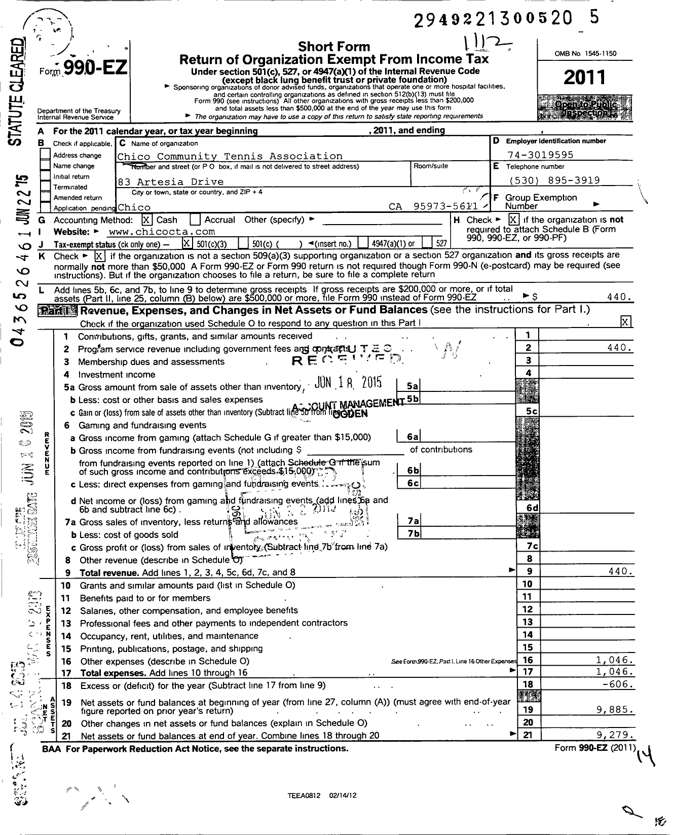 Image of first page of 2011 Form 990EZ for Chico Tennis Association