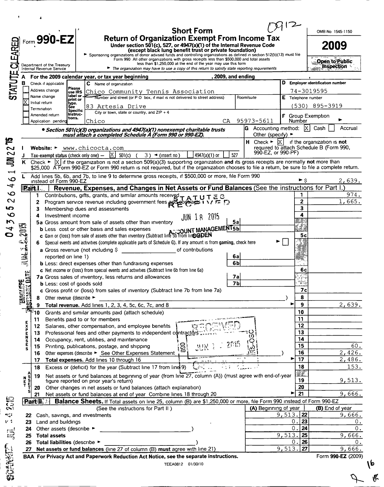 Image of first page of 2009 Form 990EZ for Chico Tennis Association