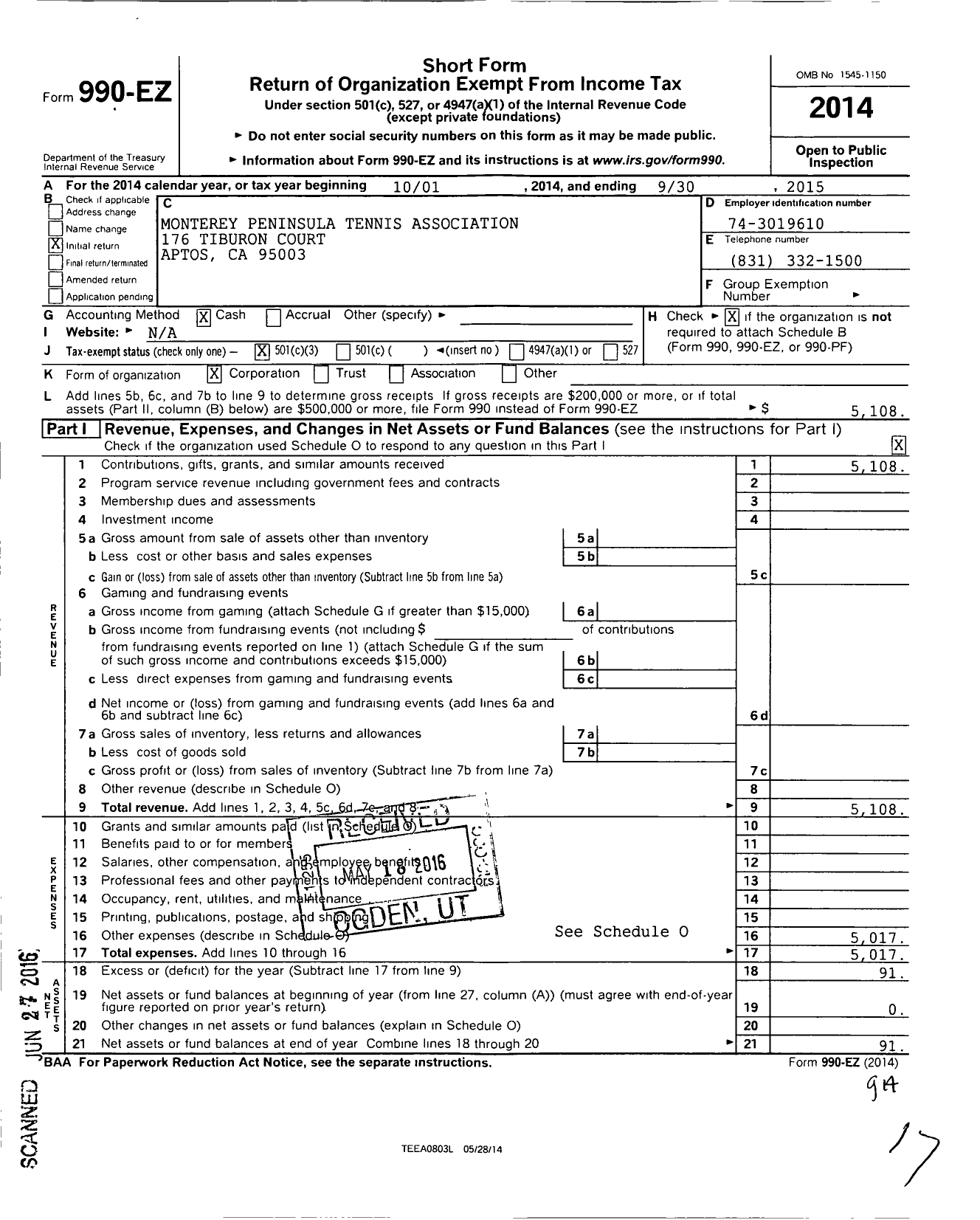 Image of first page of 2014 Form 990EZ for Monterey Peninsula Tennis Association Corporation