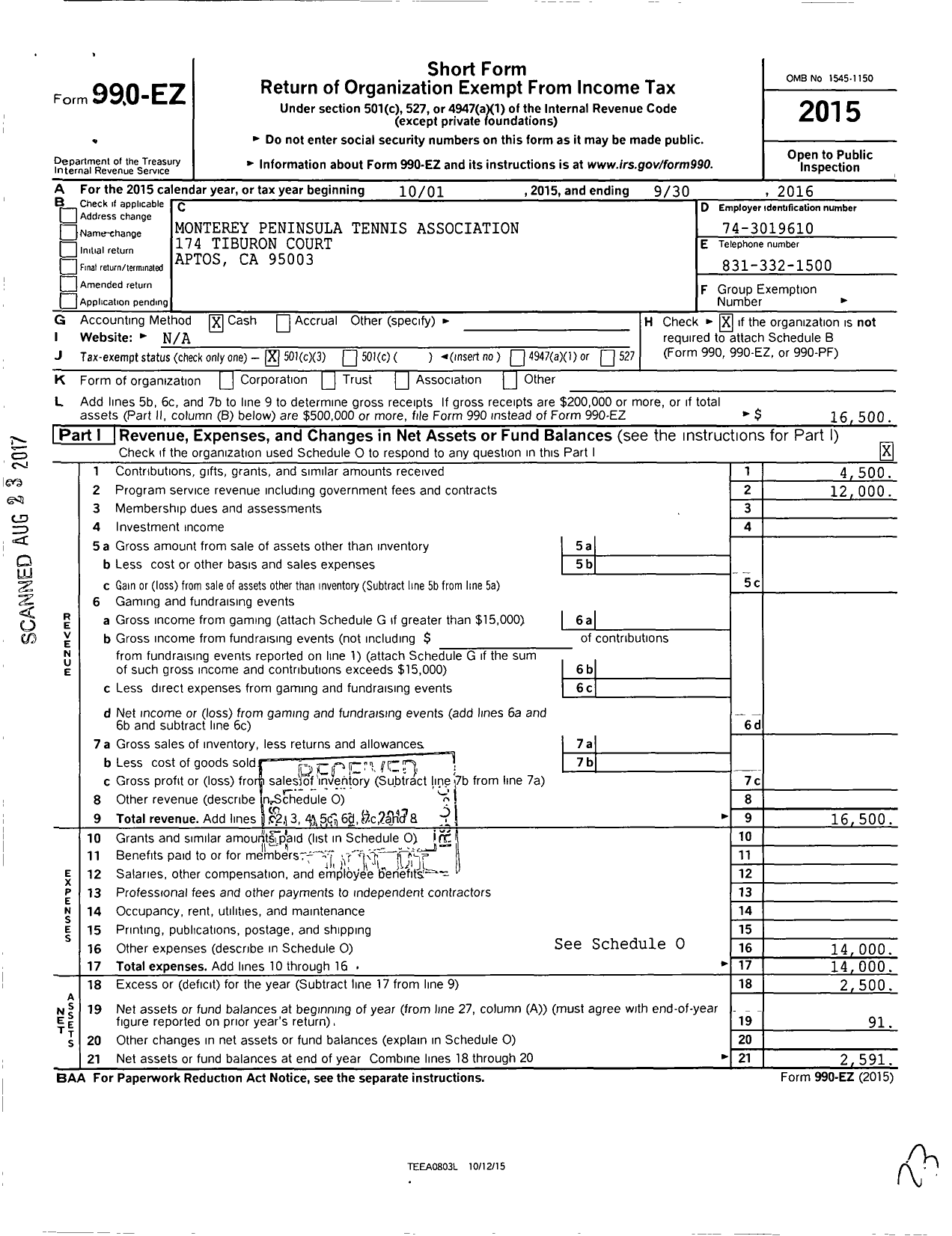 Image of first page of 2015 Form 990EZ for Monterey Peninsula Tennis Association Corporation