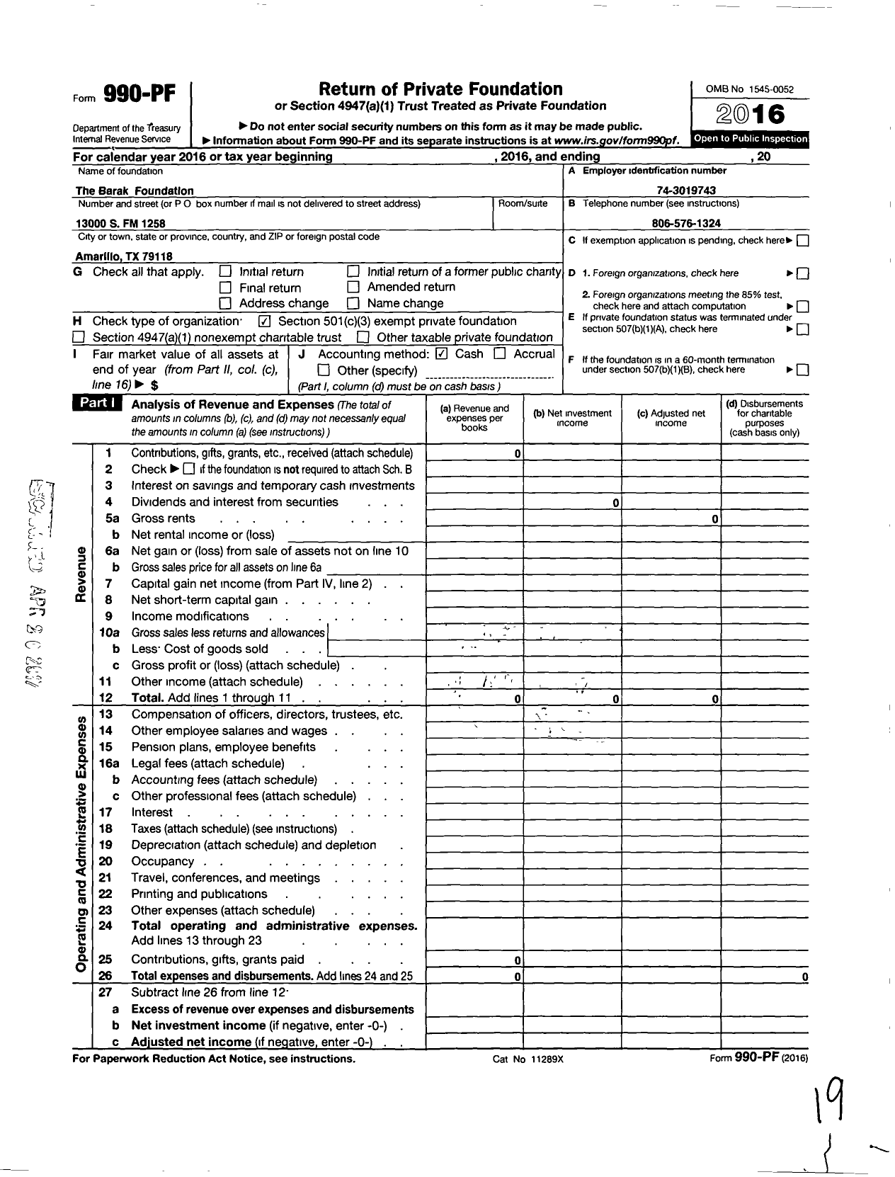 Image of first page of 2016 Form 990PF for Barak Foundation