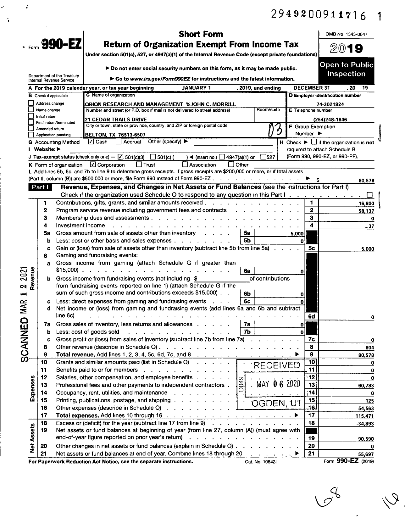 Image of first page of 2019 Form 990EZ for Orion Research and Management Services