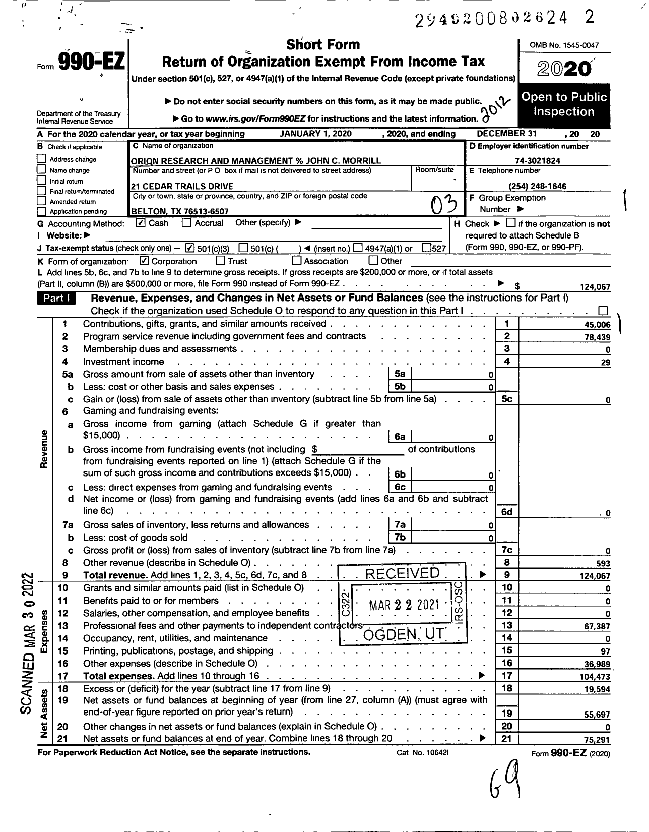 Image of first page of 2020 Form 990EZ for Orion Research and Management Services