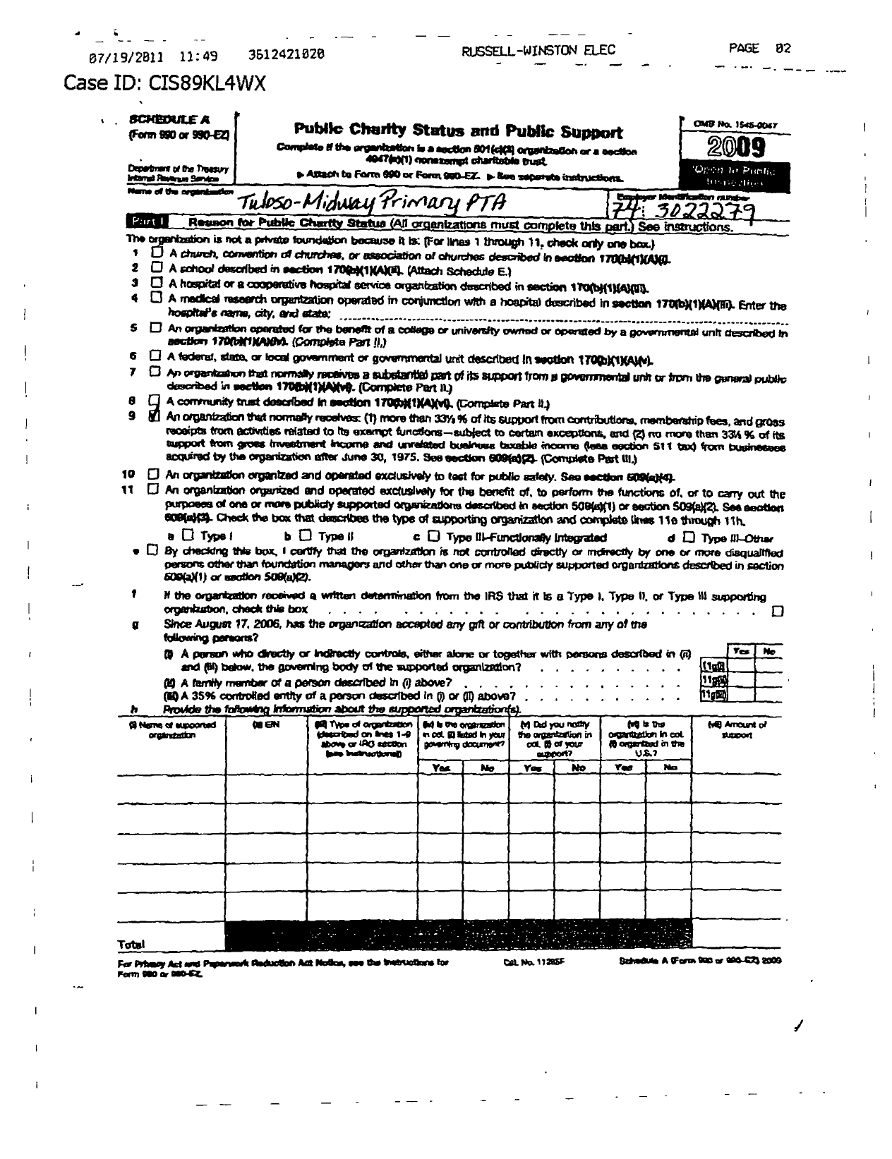 Image of first page of 2009 Form 990ER for Texas PTA - 10167 Tuloso Midway Primary