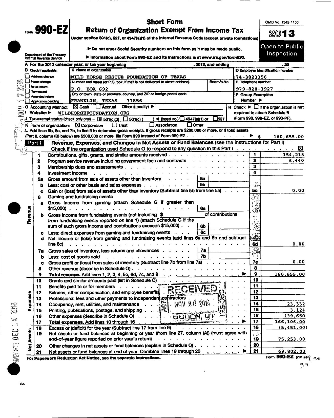 Image of first page of 2013 Form 990EZ for Wild Horse Rescue Foundation of Texas