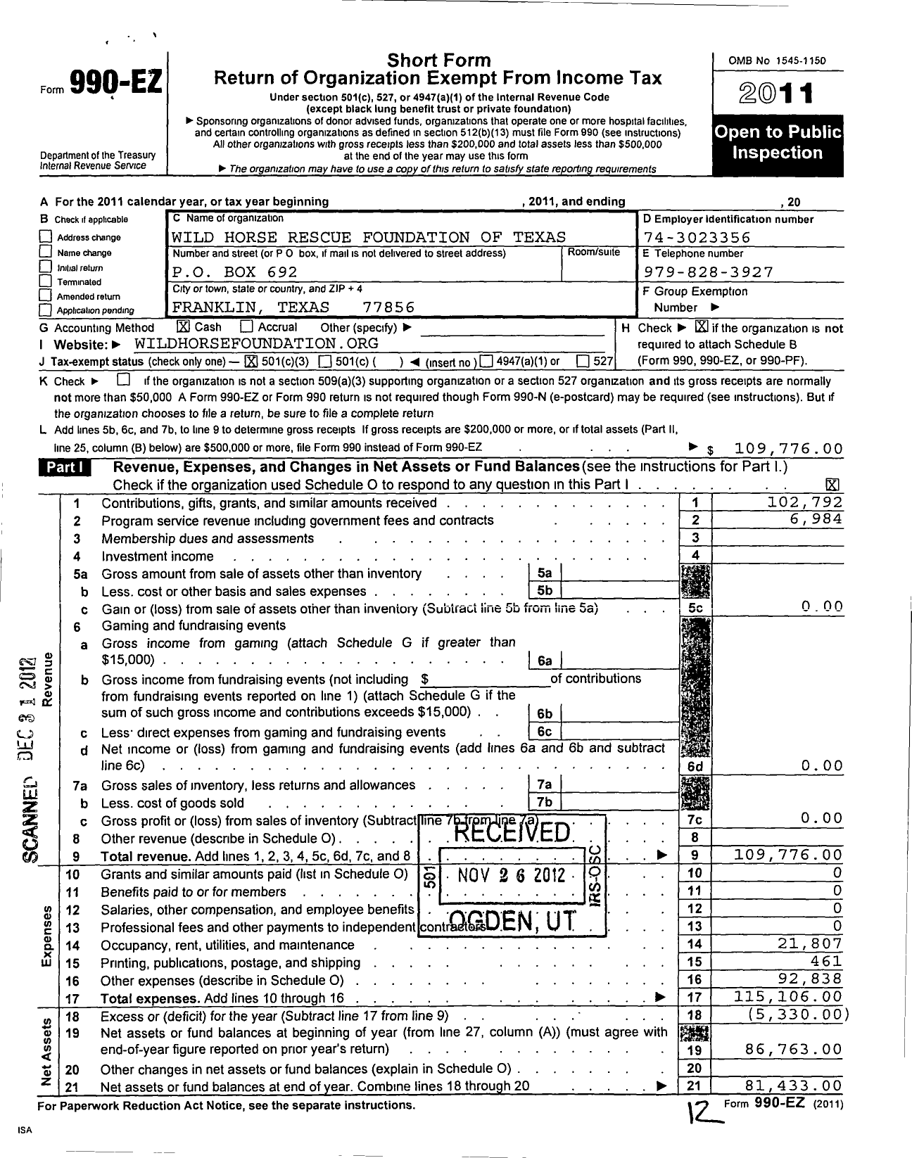 Image of first page of 2011 Form 990EZ for Wild Horse Rescue Foundation of Texas