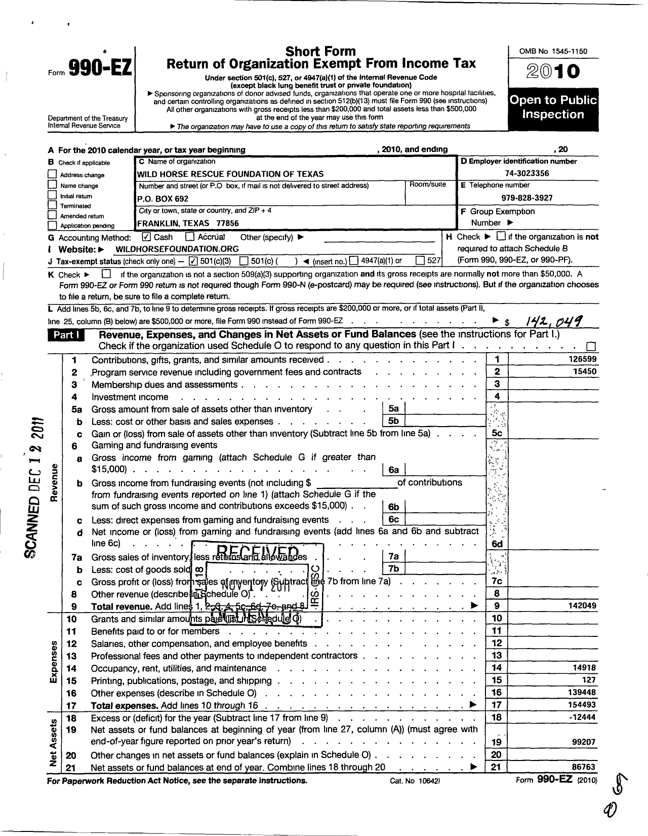 Image of first page of 2010 Form 990EZ for Wild Horse Rescue Foundation of Texas