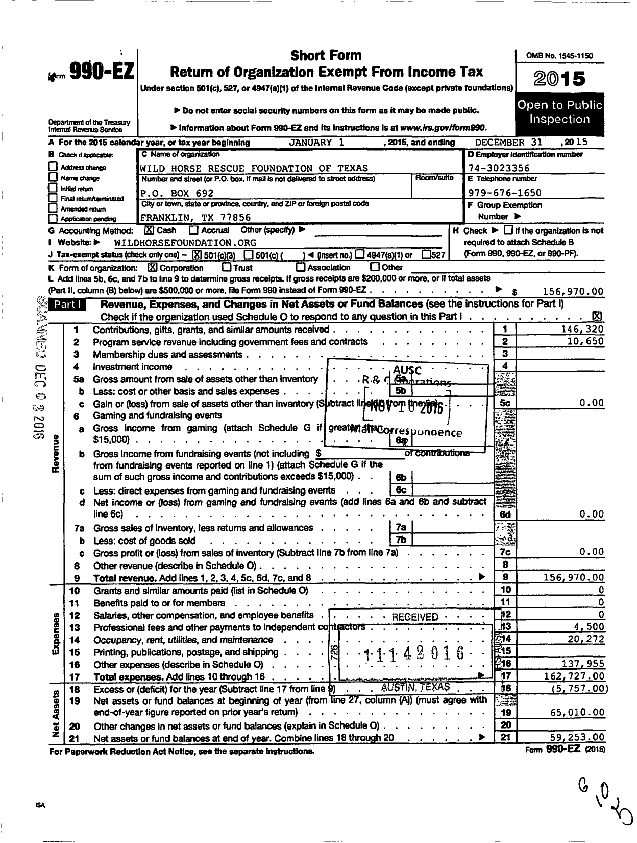 Image of first page of 2015 Form 990EZ for Wild Horse Rescue Foundation of Texas